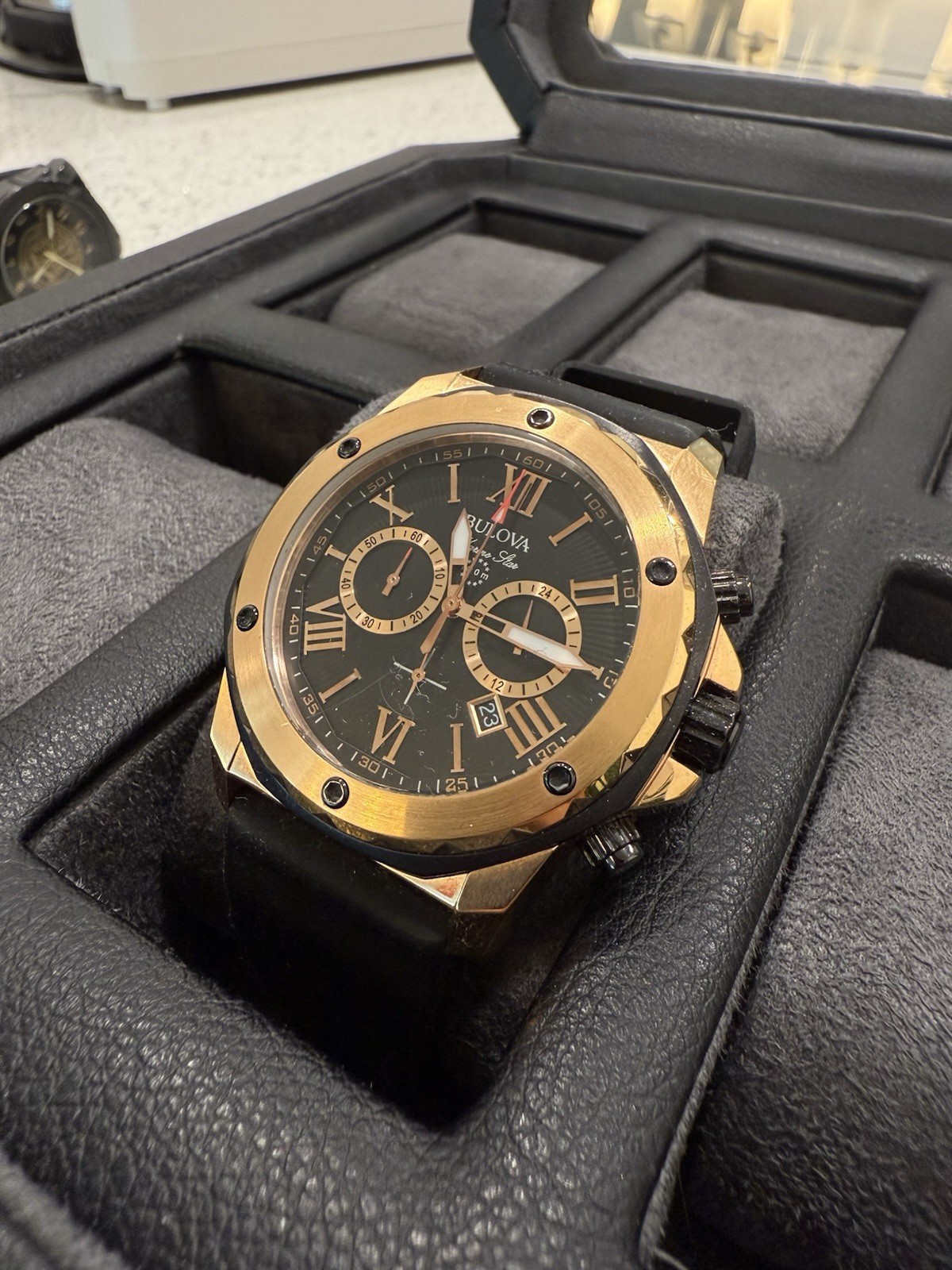 Bulova Marine Star Black Dial Chronograph Silicone Strap Men’s Watch 44MM 98B104