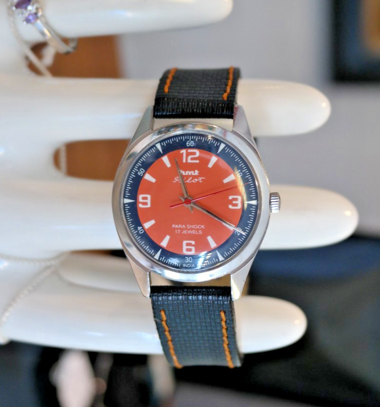 HMT Pilot Mechanical Watch Salmon/Blue Arabic & Baton Dial 17 Jewels Para Shock