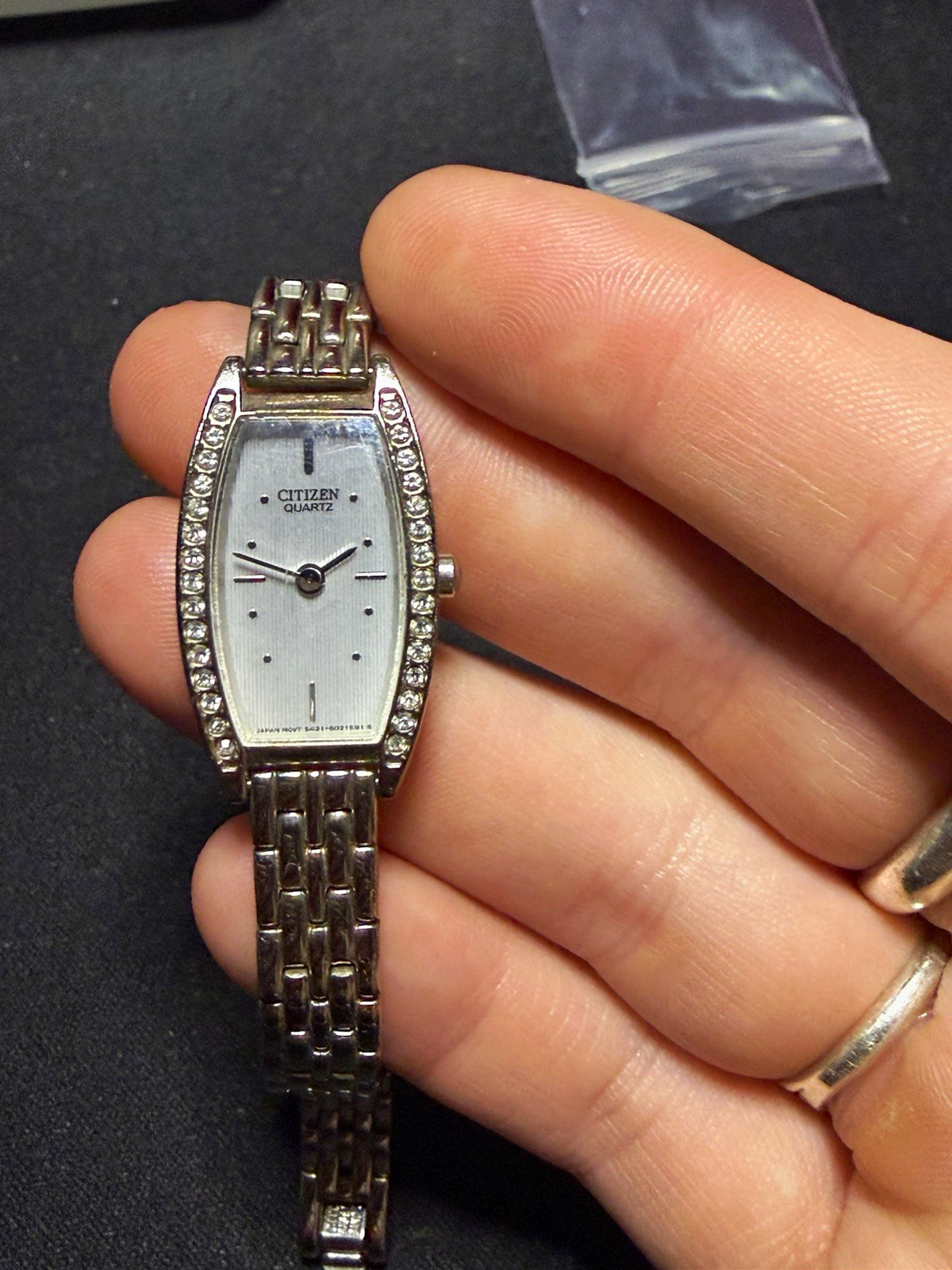 Citizen Quartz Women’s Tonneau Silver Tone Gem-Set Bezel Bracelet Watch