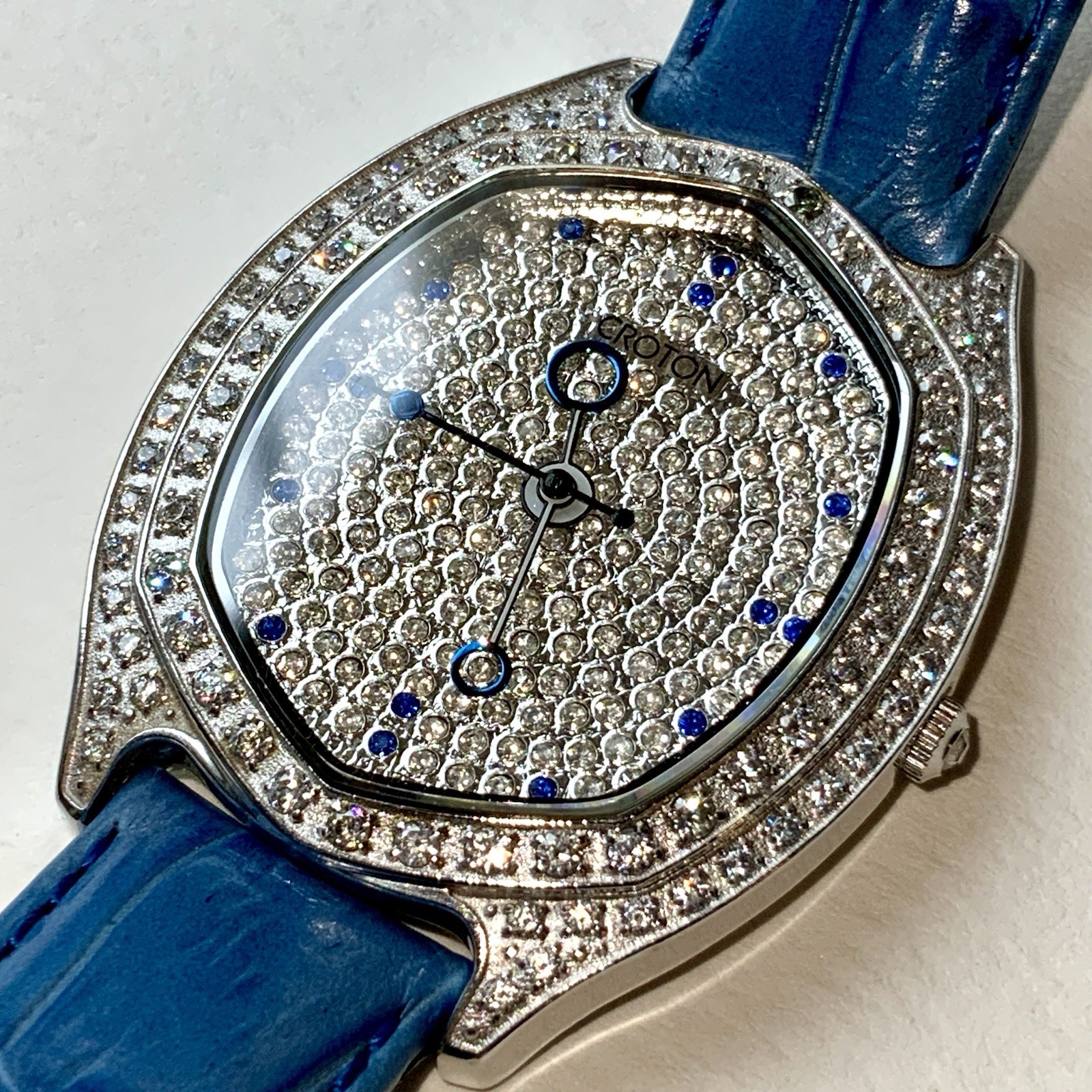 Croton Oval Watch Pavé Crystal CZ Case & Dial Blue Leather Strap Swiss Quartz