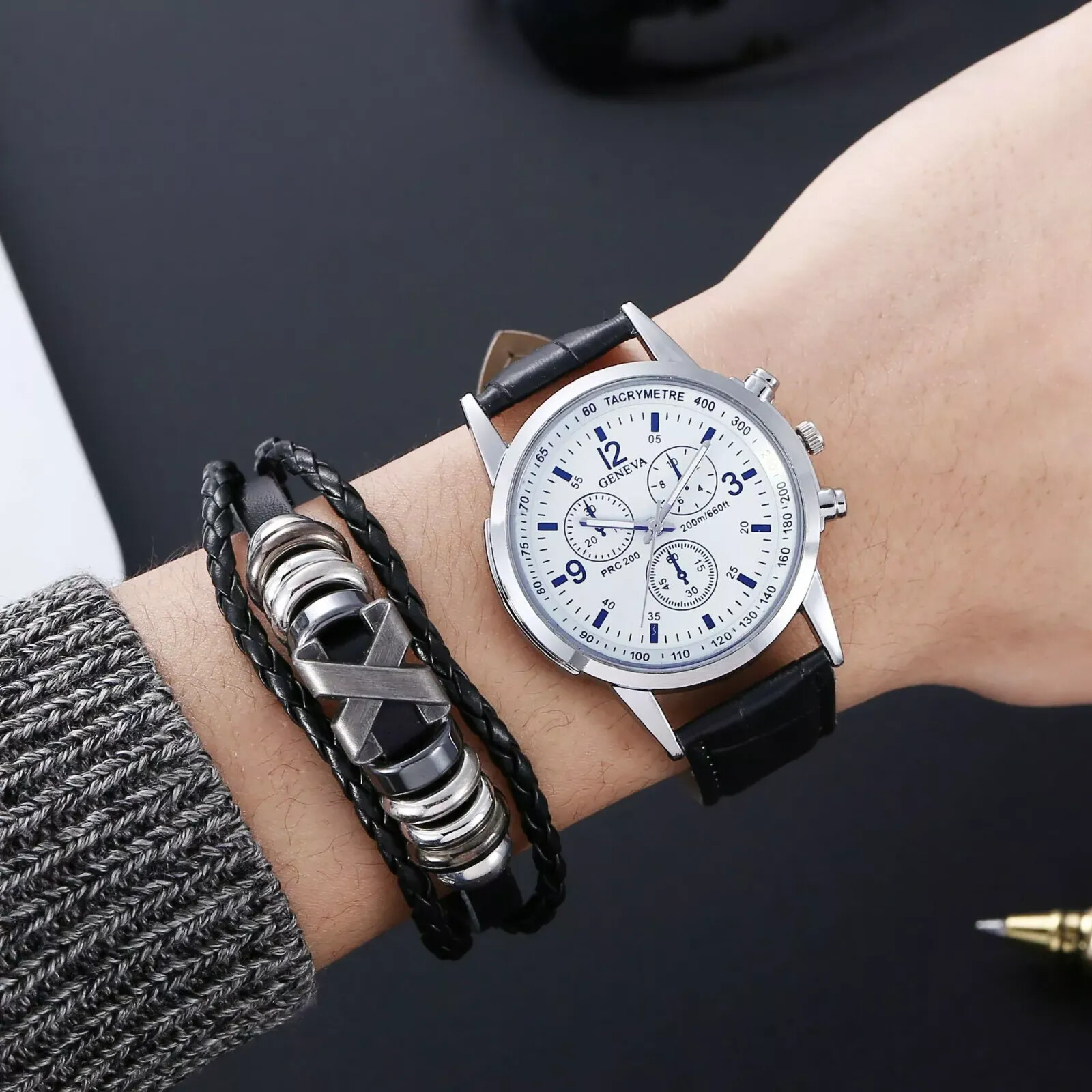 Classy Watch/Bracelet Combo Gift Set ||Black/Brown, Metal Beads, White/Blue face