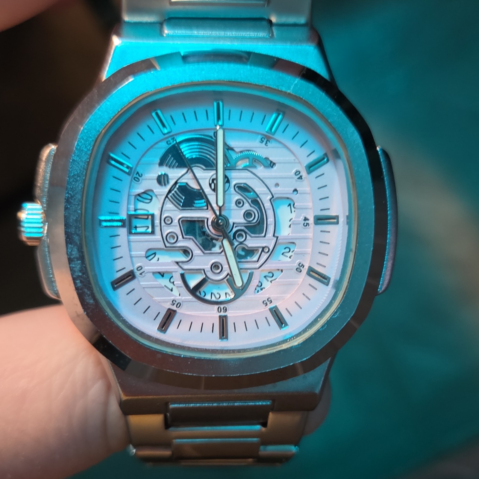 Skeleton Dial Analog Cushion Case Stainless Steel Bracelet Watch 100m Aj Jewlers
