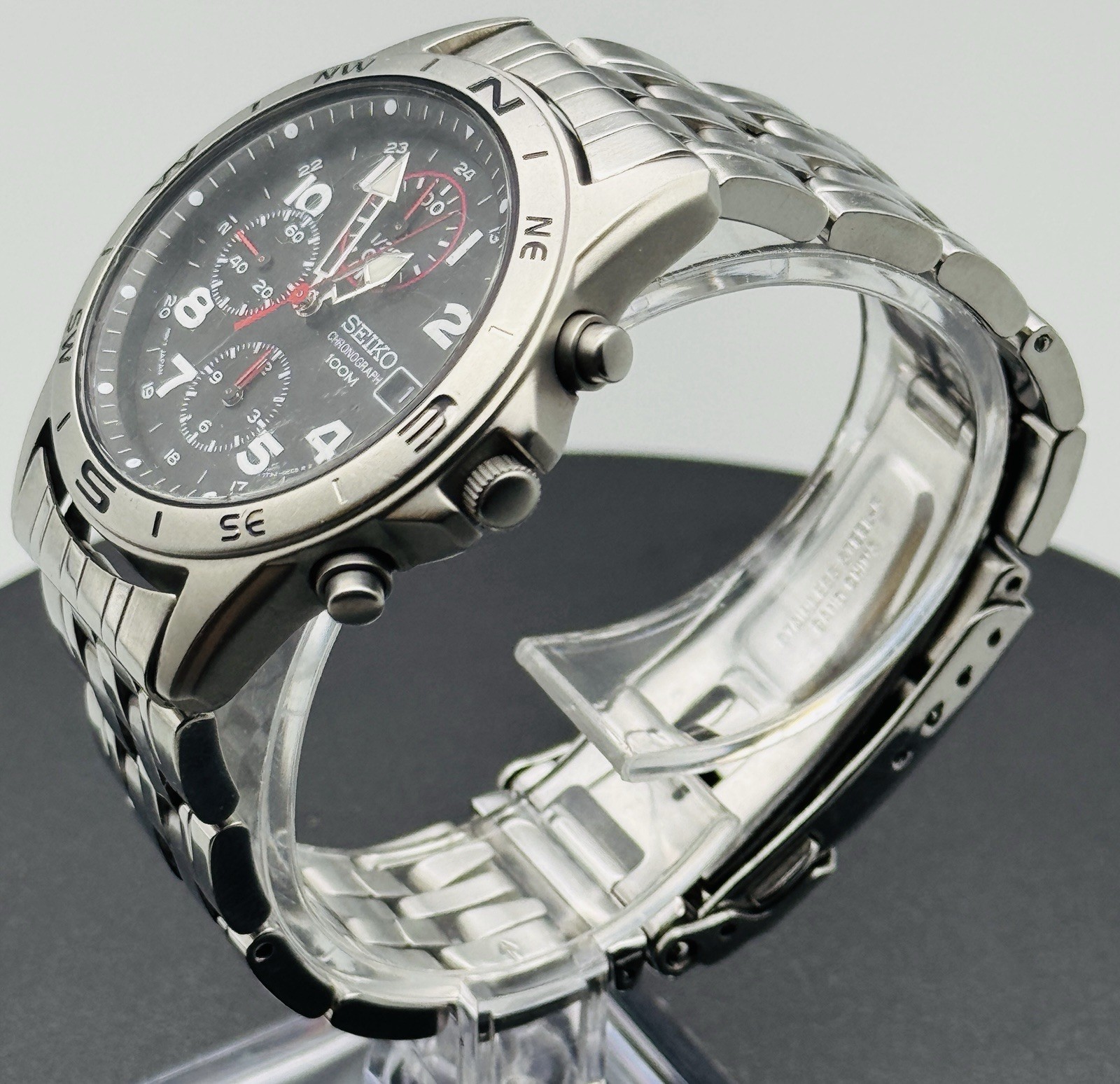 Seiko Watch Chronograph Black Dial Compass Bezel 100M Stainless Steel SND375P1