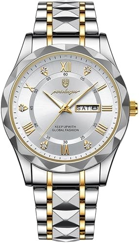 POEDAGAR Luxury Men’s Watch – Two-Tone Stainless Steel with Day-Date