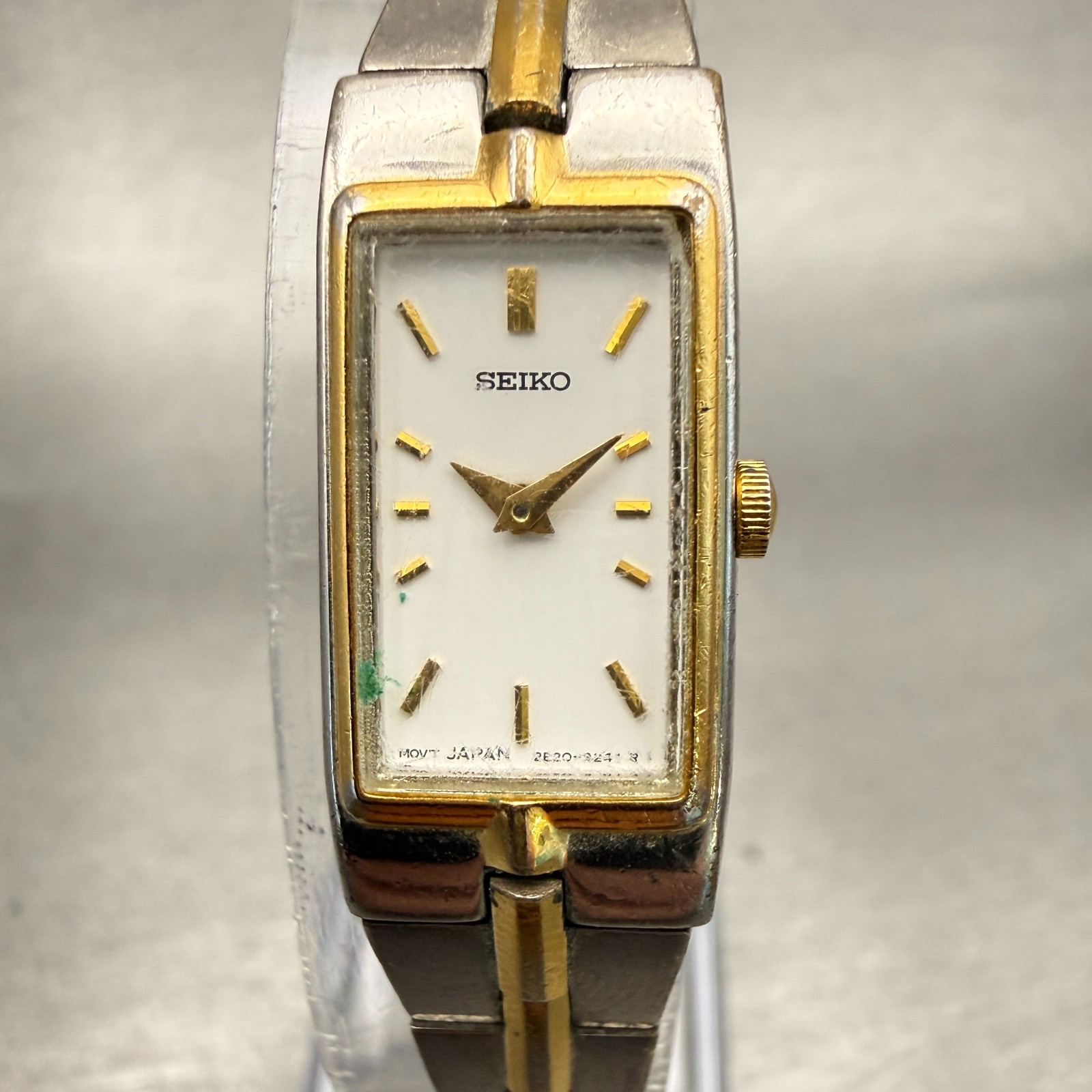 Seiko Tank Watch Women 13mm White Dial Two Tone Rectangle 2E20-7479 New Battery