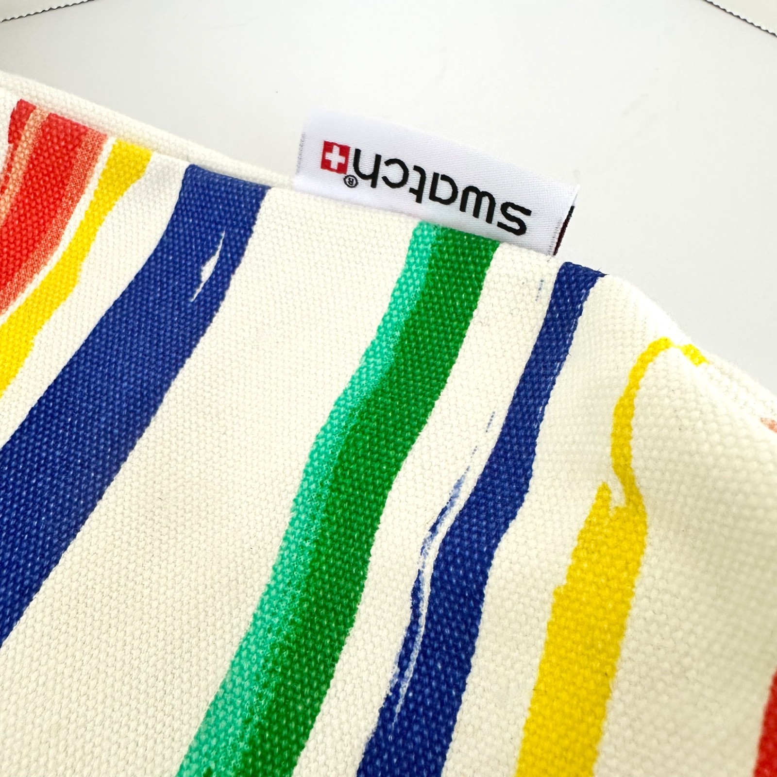 Swatch Watch Multi Color Stripes Thick Canvas Tote Bag w/ Inside Pocket & Clasp