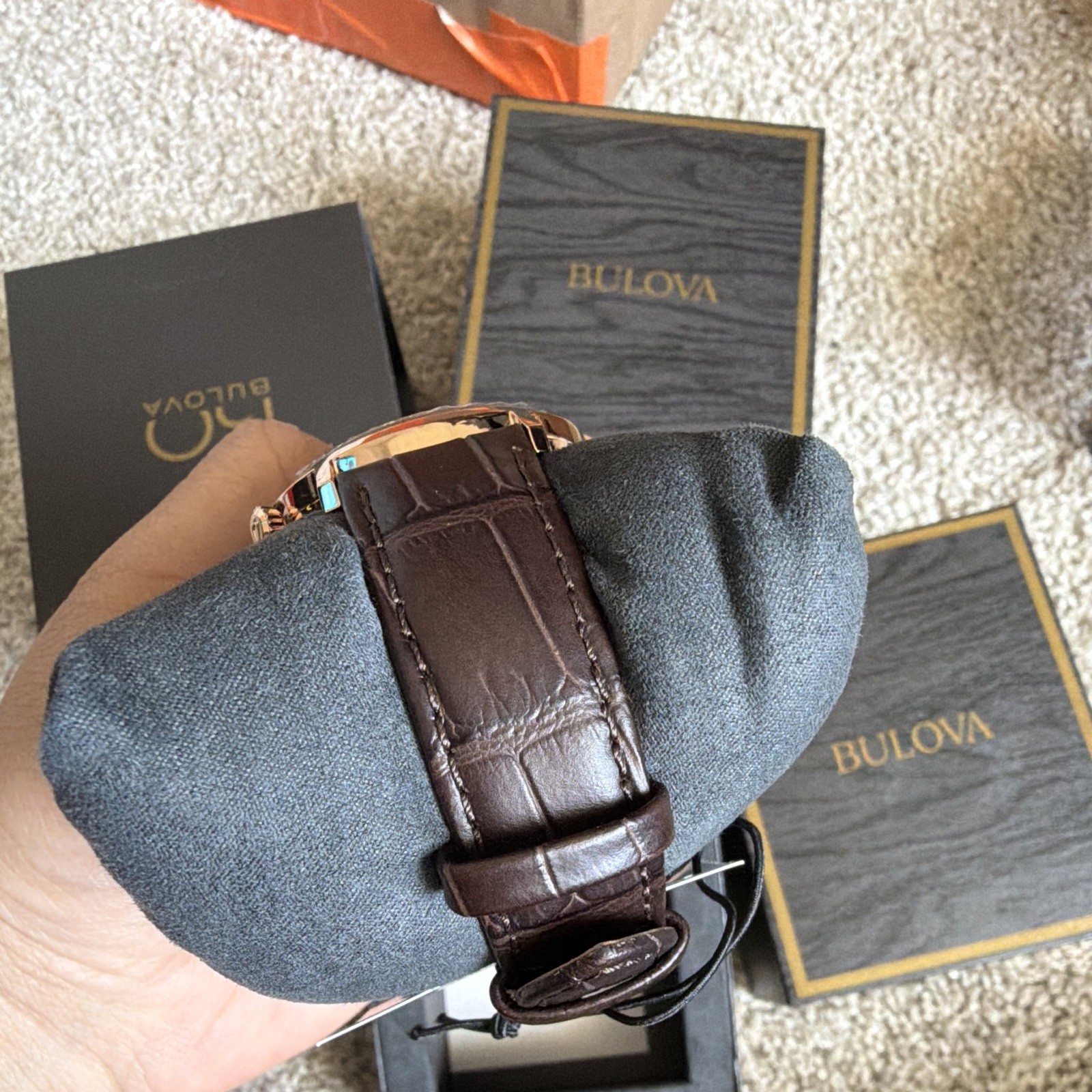 Bulova 150 Men’s Automatic Open Heart 21 Jewel Watch Brown Leather Black Dial