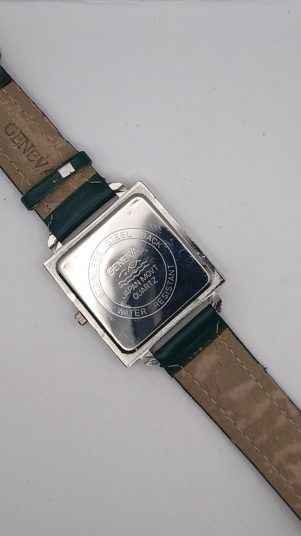 Geneva Multi-Time Zone Watch Square Face Dark Green Strap Novelty Retro Style