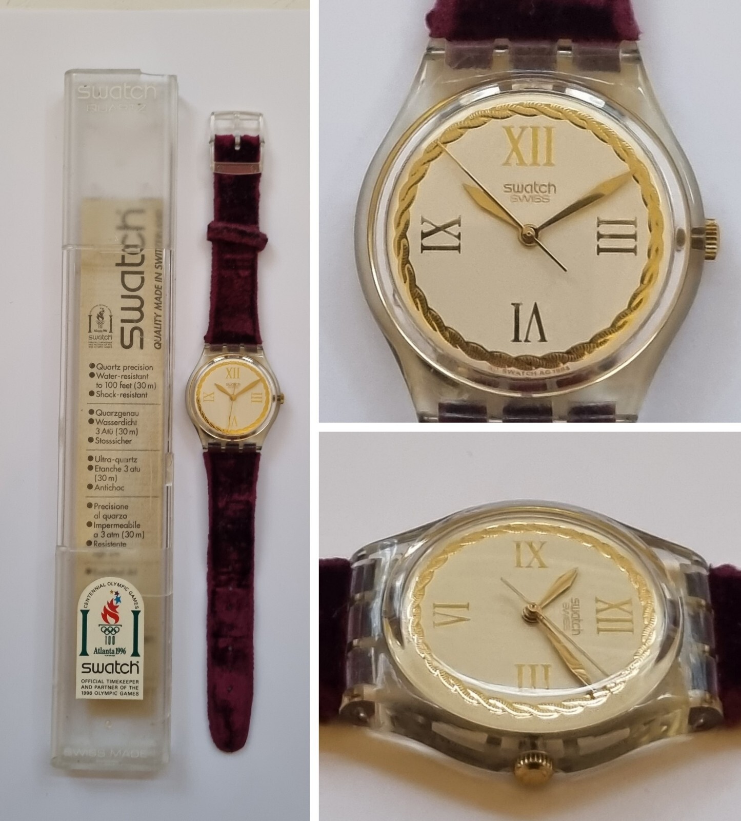 Vintage Swatch Saint Velours 33mm Quartz Purple Velvet Strap Watch GK203 (1995)