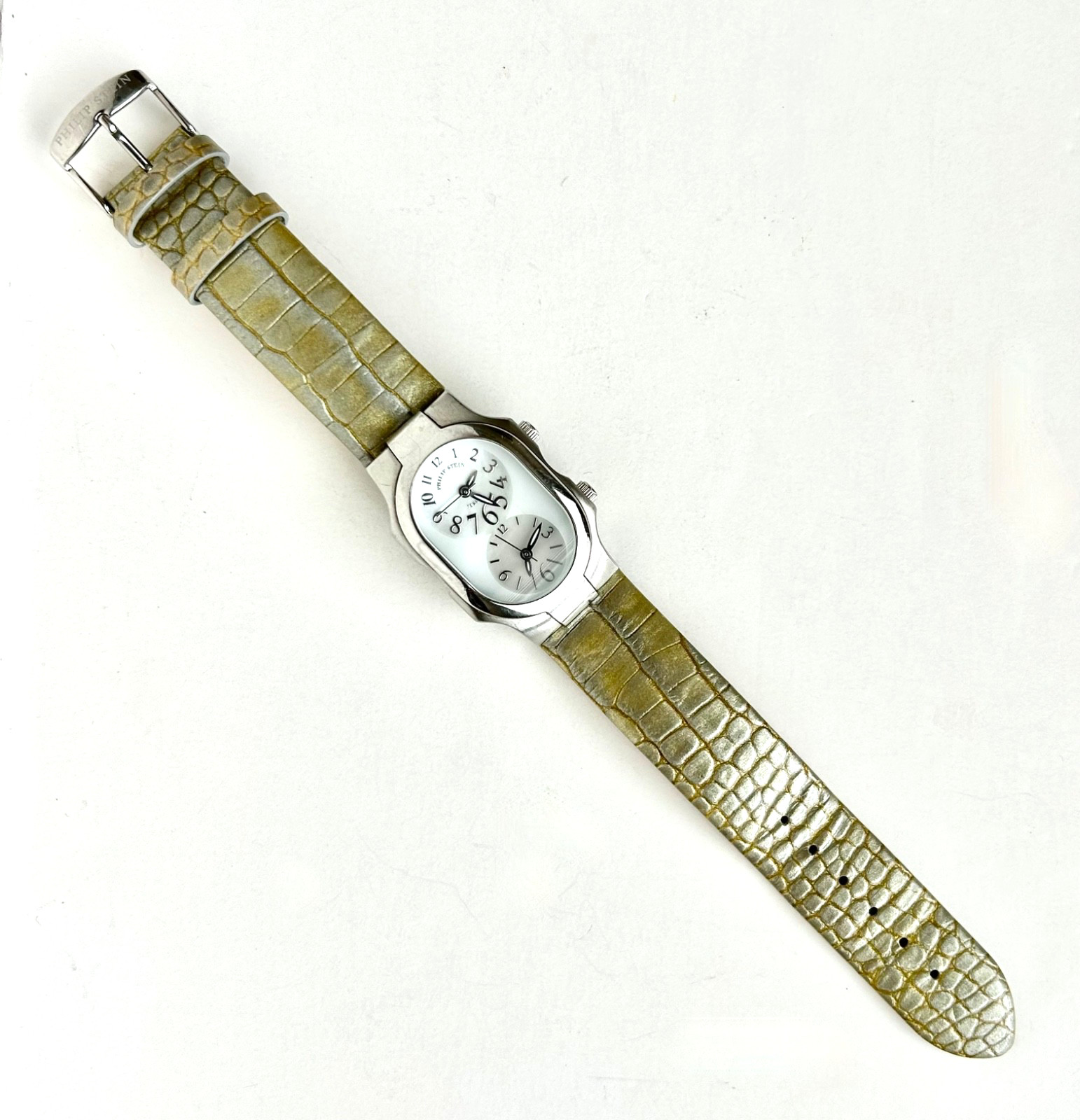 PHILIP STEIN TESLAR WOMENS DUAL TIMEZONE WATCH MOTHER OF PEARL 2 LEATHER BANDS