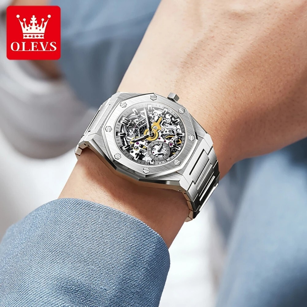 Automatic Mechanical Waterproof Luxury OLEVS Watch Men Skeleton Men’s Strap