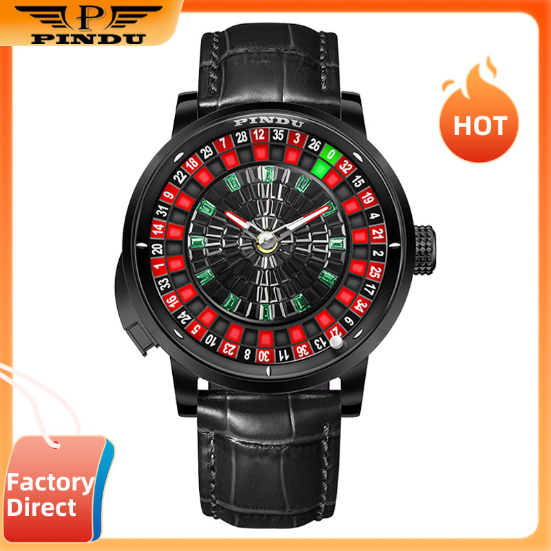PINDU Men’s Luxury Mechanical Watch Roulette Dial Sapphire Crystal Black Steel
