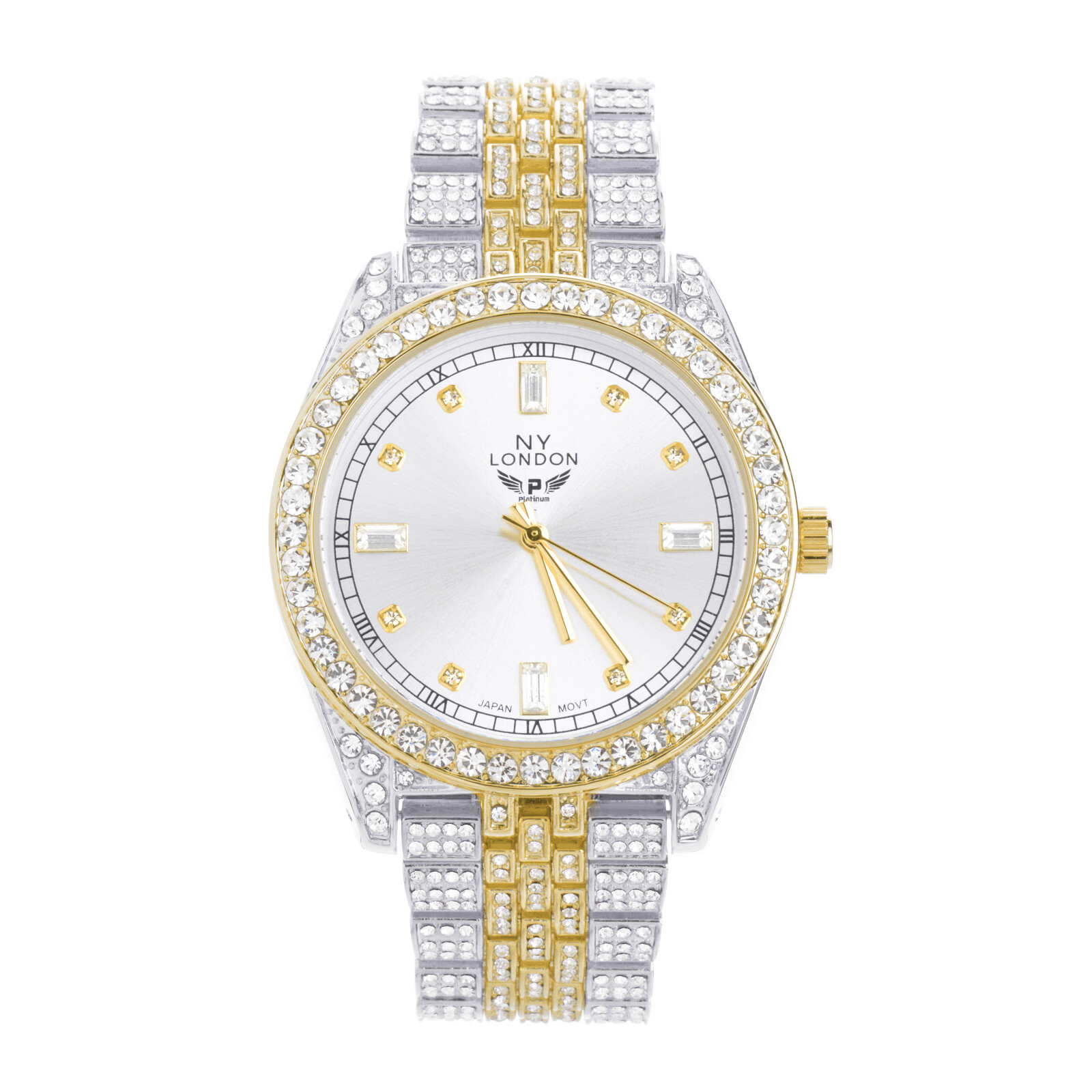 Mens Gold Silver Plated NY London Platinum Iced Out CZ Metal Band Watch WM1586TT