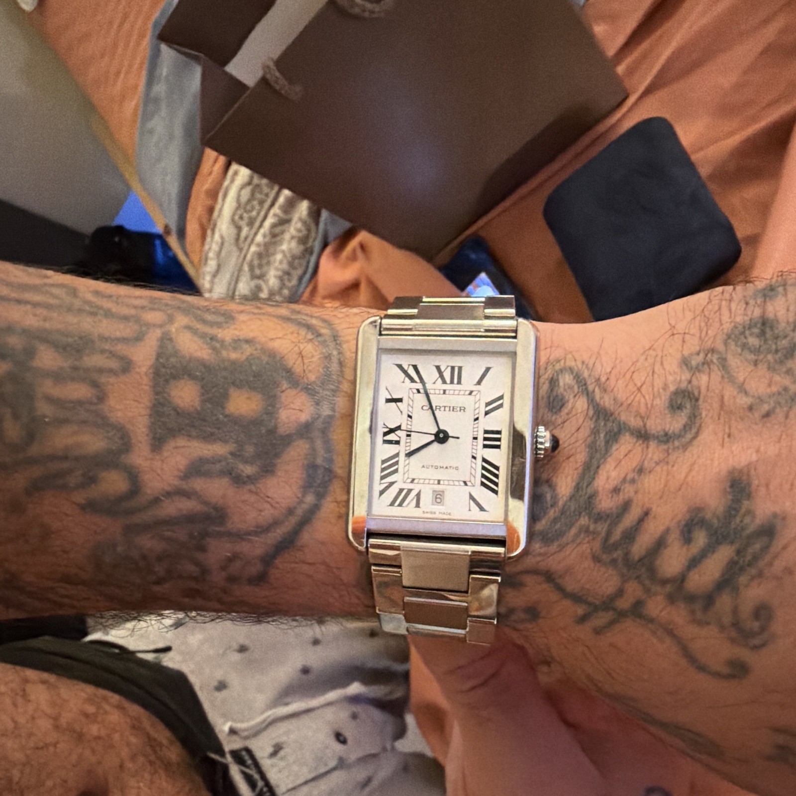 Cartier Tank Automatic Date White Roman Dial Silver Stainless Steel Bracelet