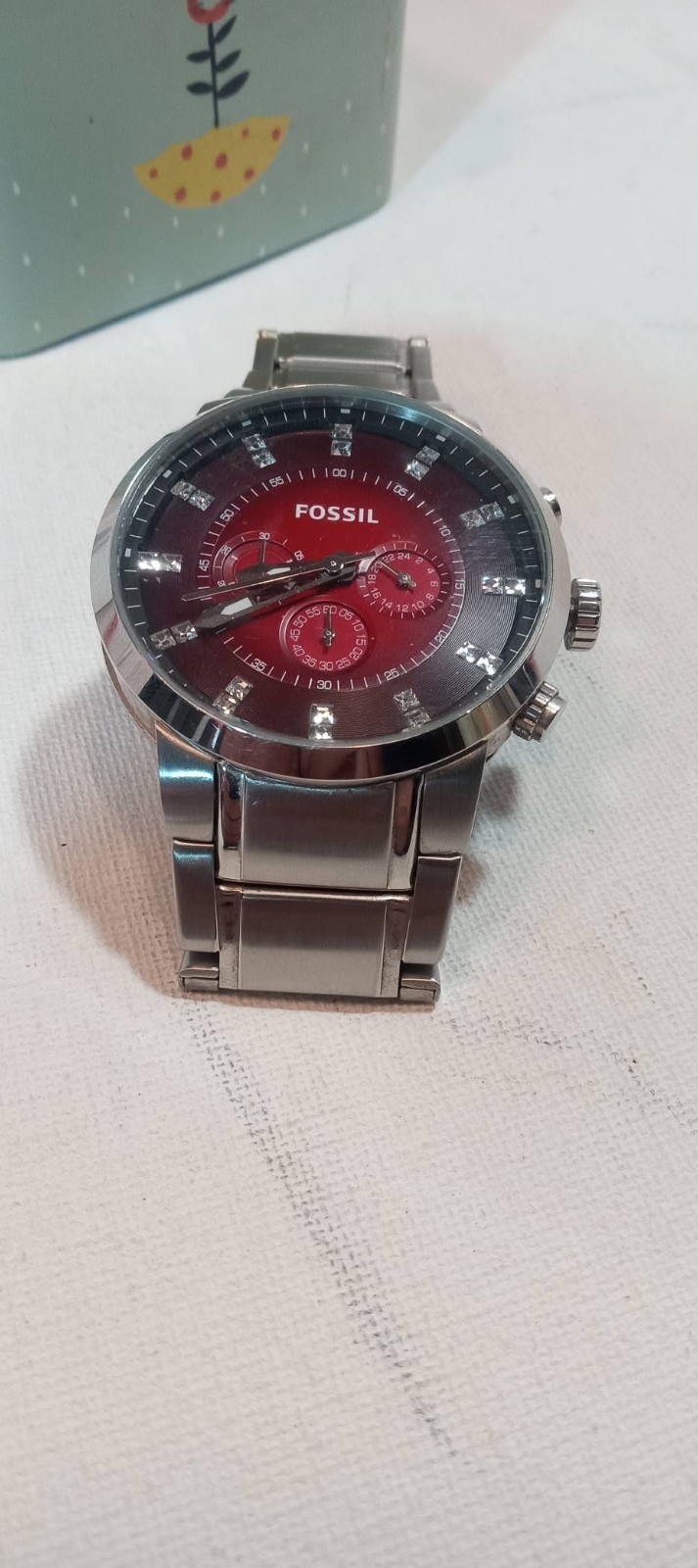 FOSSIL MEN’S FS4696 SILVER CHRONOGRAPH LARGE red DIAL WATCH 47mm Case diamond