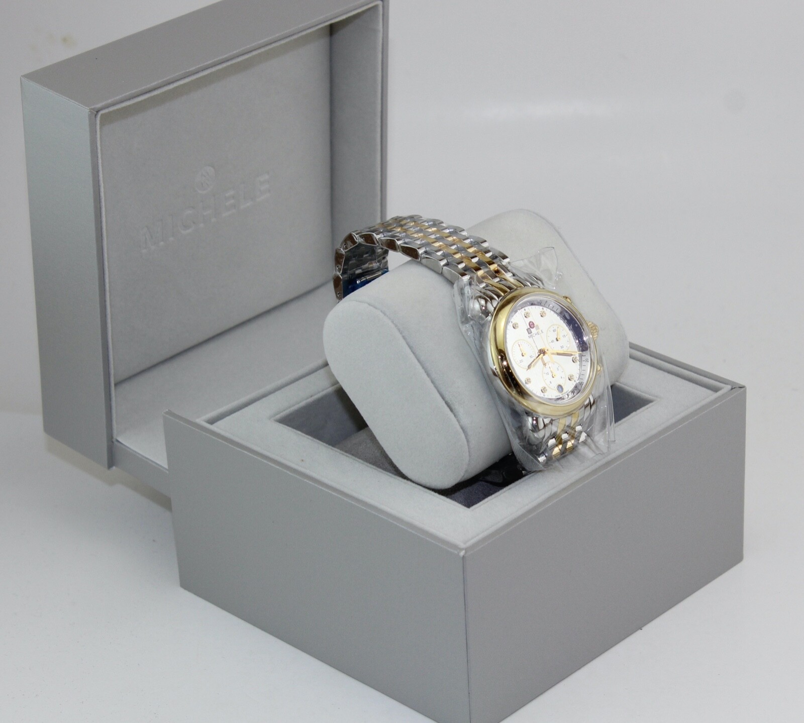 NEW AUTHENTIC MICHELE CSX 36 SILVER GOLD MIRROR CHRONO MWW03C000519 WOMENS WATCH