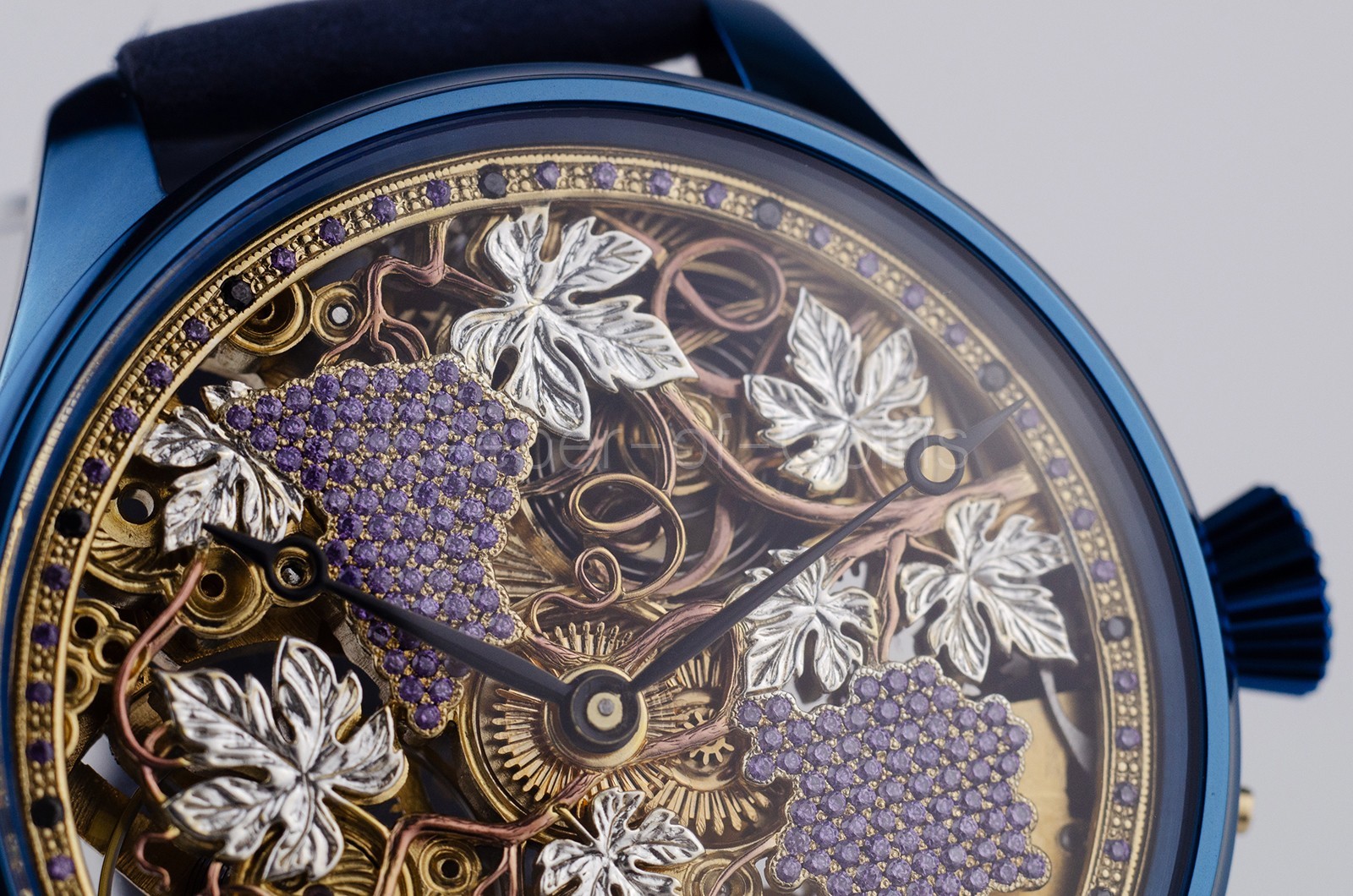 SWISS MOVEMENT SKELETON “GRAPE” ENGRAVED WRISTWATCH CUSTOM MADE MARRIAGE WATCH