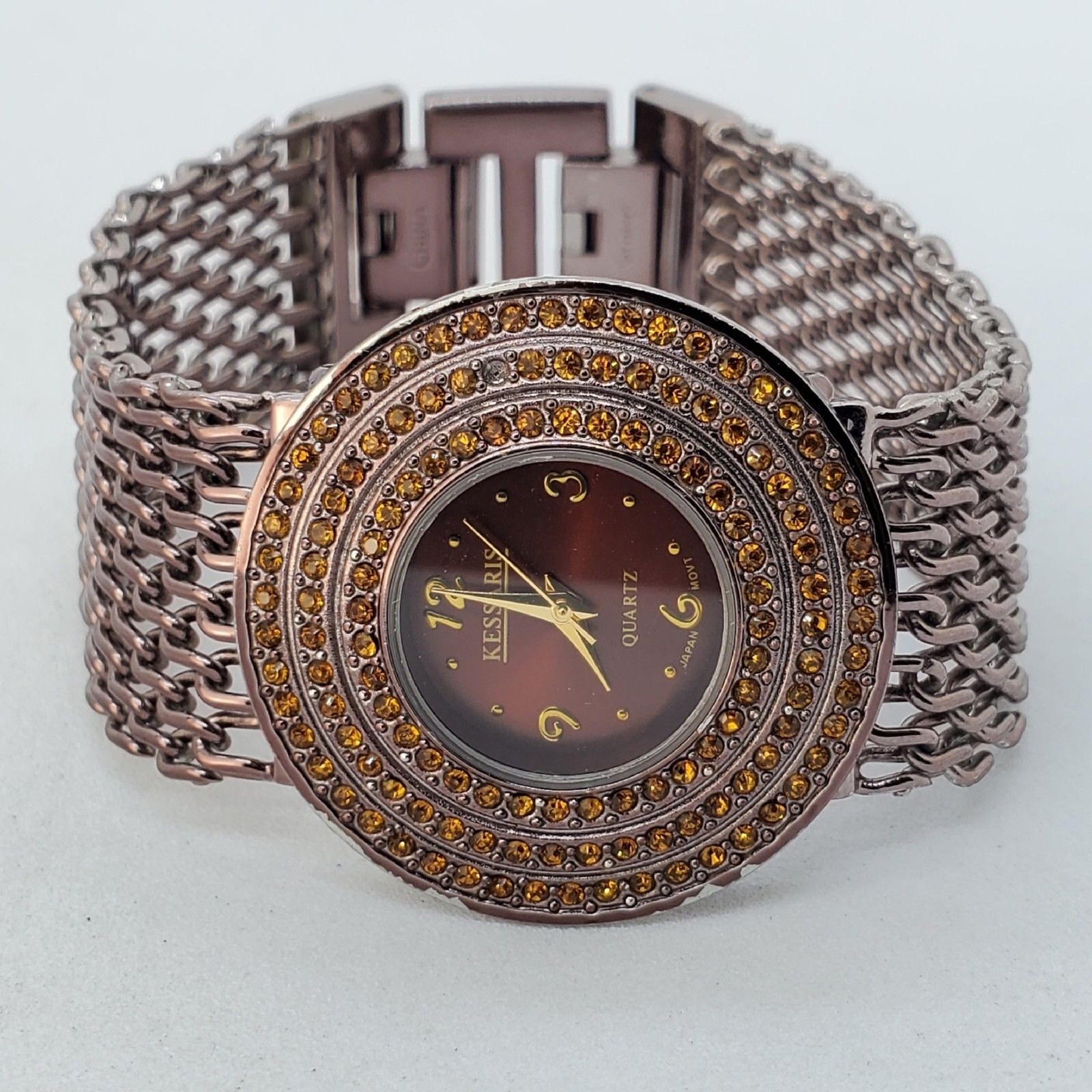 Kessaris Dark Brown Dial Mesh Bands 34MM Round Case 7″ Wrist New Battery