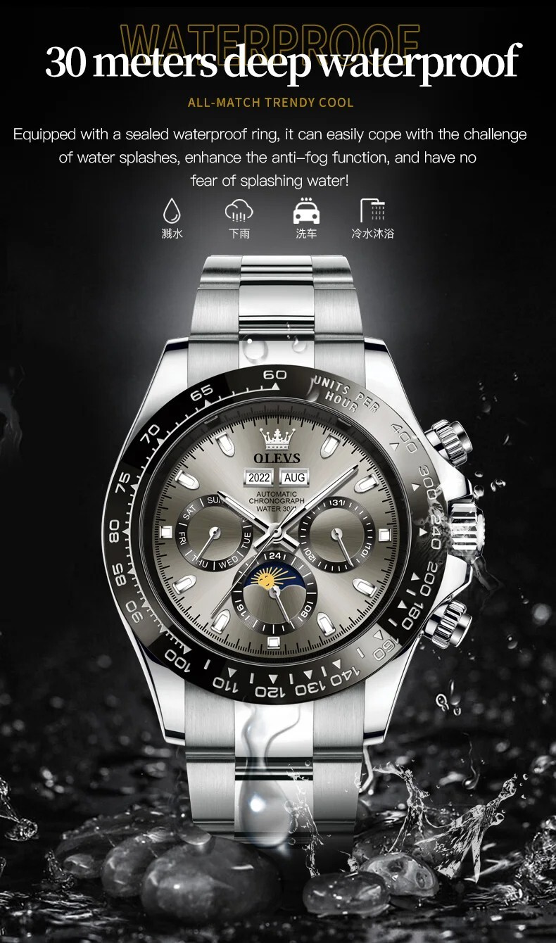 OLEVS Automatic Self-Wind Men’s Moon Phase Luminous Date Luxury Mechanical Watch