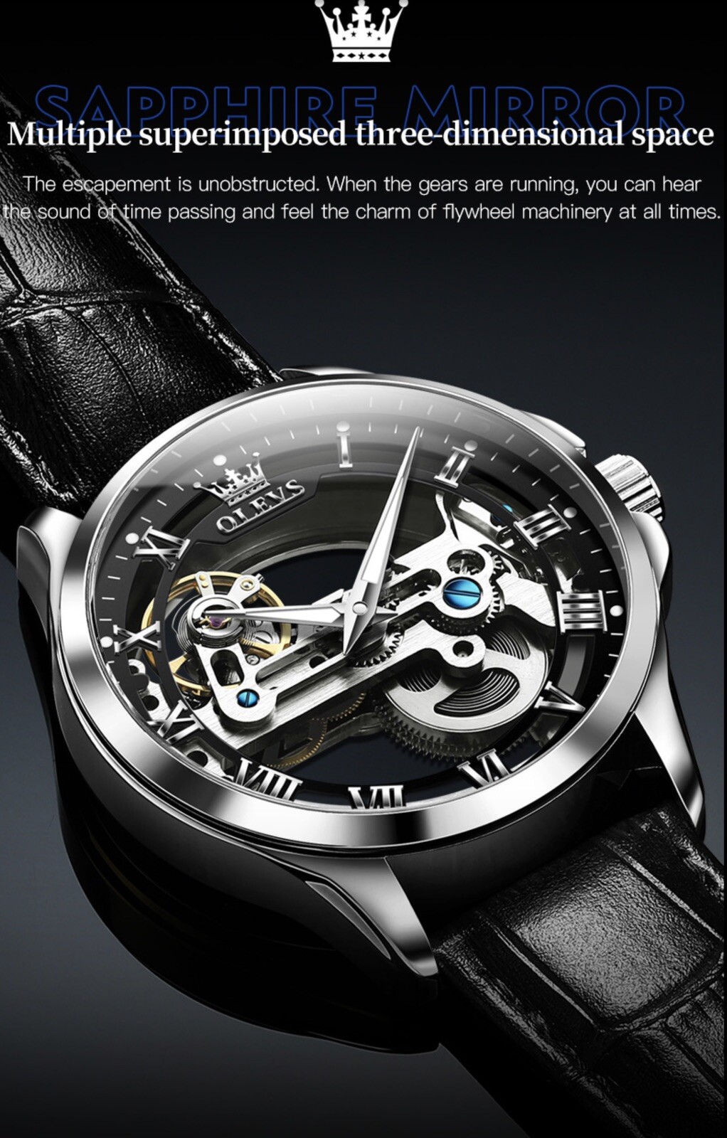 OLEVS Skeleton Watches for Men Automatic Self Winding Mechanical Luxury Leather