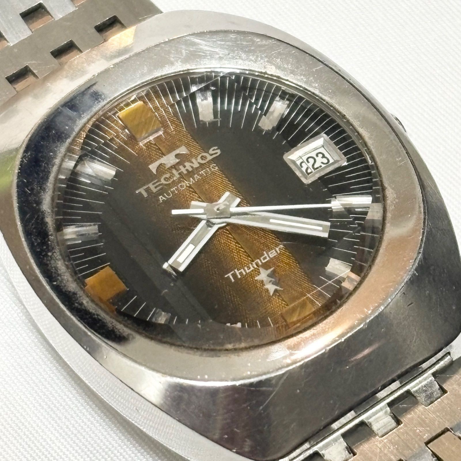 Technos Thunder Automatic Date Watch Black Dial Silver Bracelet Vintage