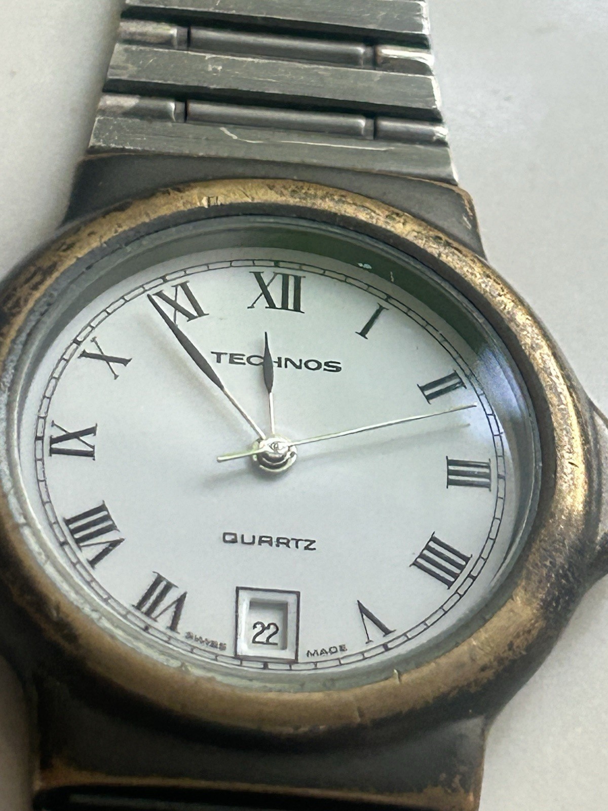 VINTAGE MEN’S TECHNOS ROMAN NUMERALS DATE ATM STAINLESS STEEL WRIST WATCH