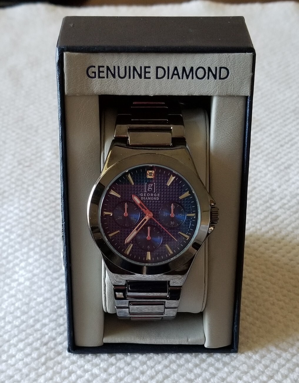 George Silver Tone Watch Blue Dial Faux Chronograph Link Band 8″ Max Running