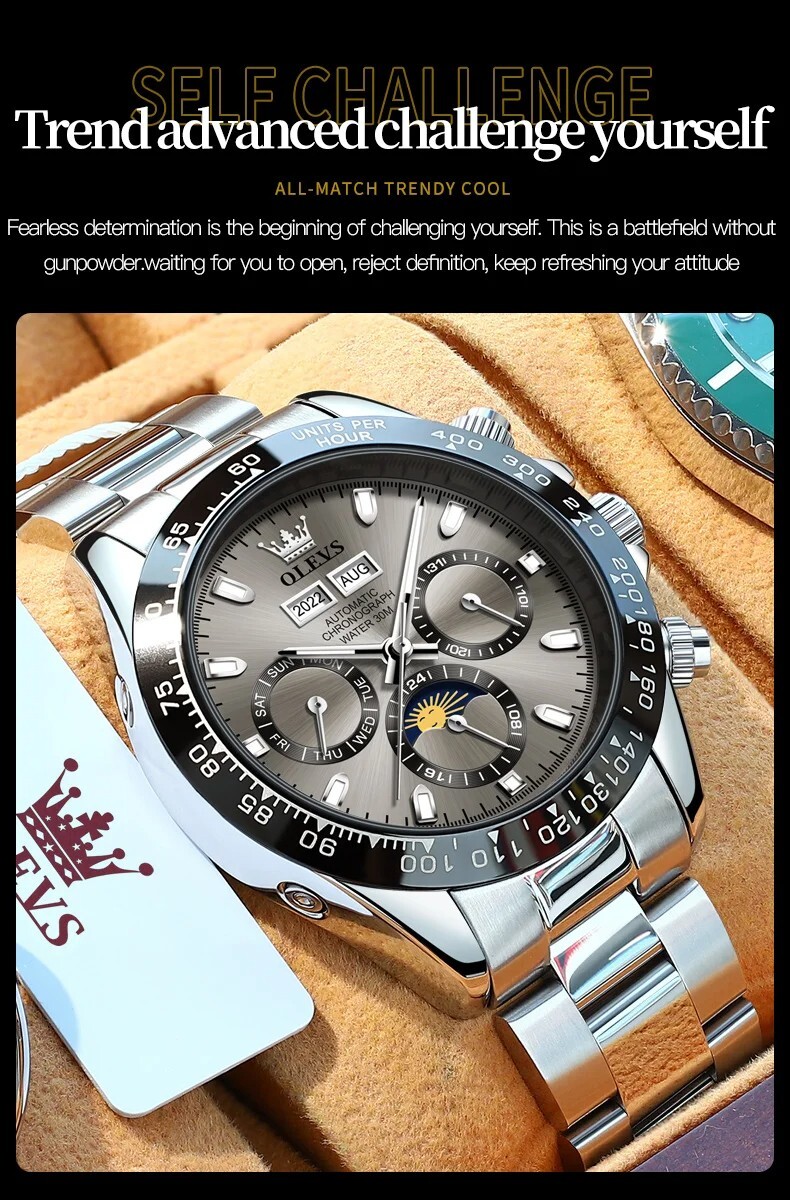 OLEVS Automatic Self-Wind Men’s Moon Phase Luminous Date Luxury Mechanical Watch