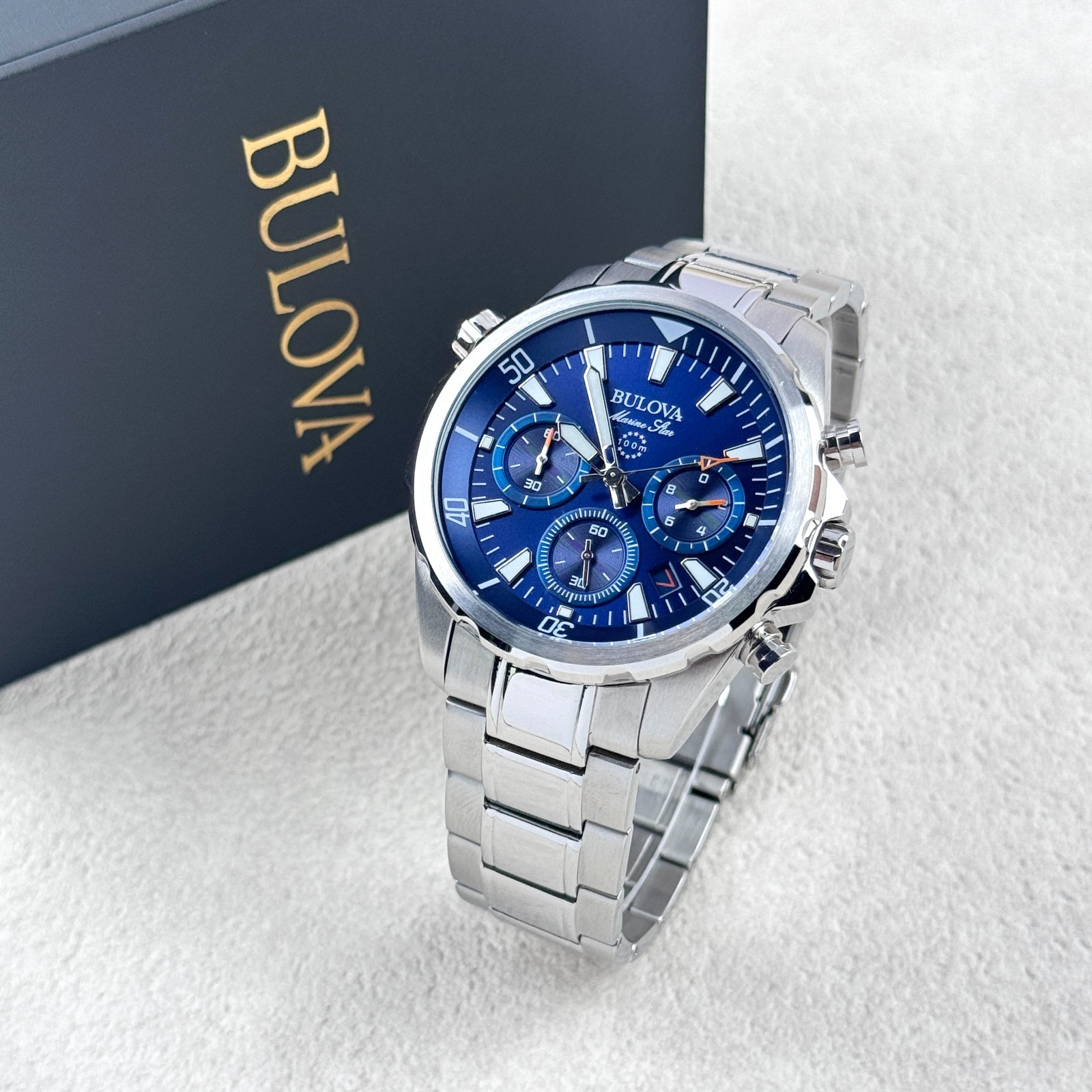 Bulova Marine Star 96B256 Blue Dial Stainless Steel Quartz Men’s Watch 43MM