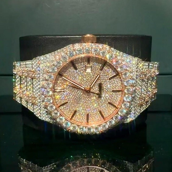 Iced-Out Gem-Set Bezel Round Analog Watch Silver Bracelet Rose Gold Case