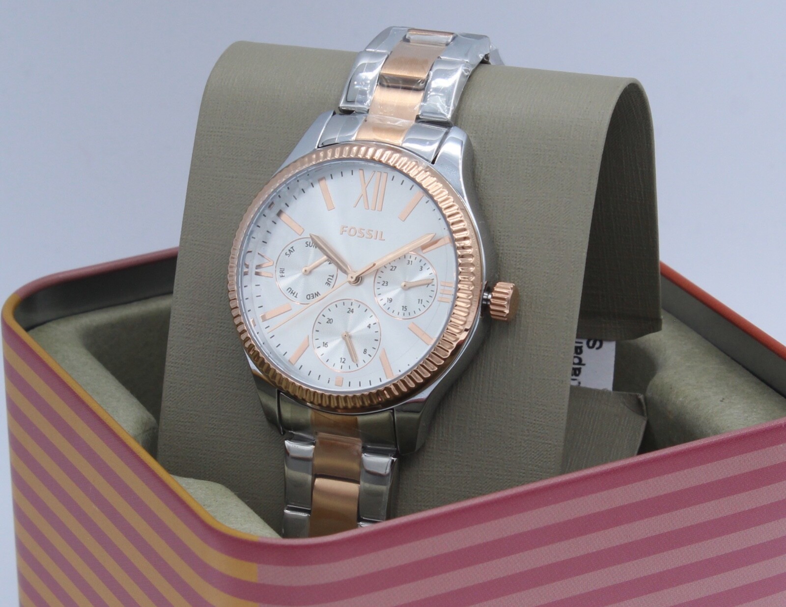 NEW AUTHENTIC FOSSIL RYE MULTIFUNCTION SILVER ROSE GOLD WOMEN’S BQ3761 WATCH