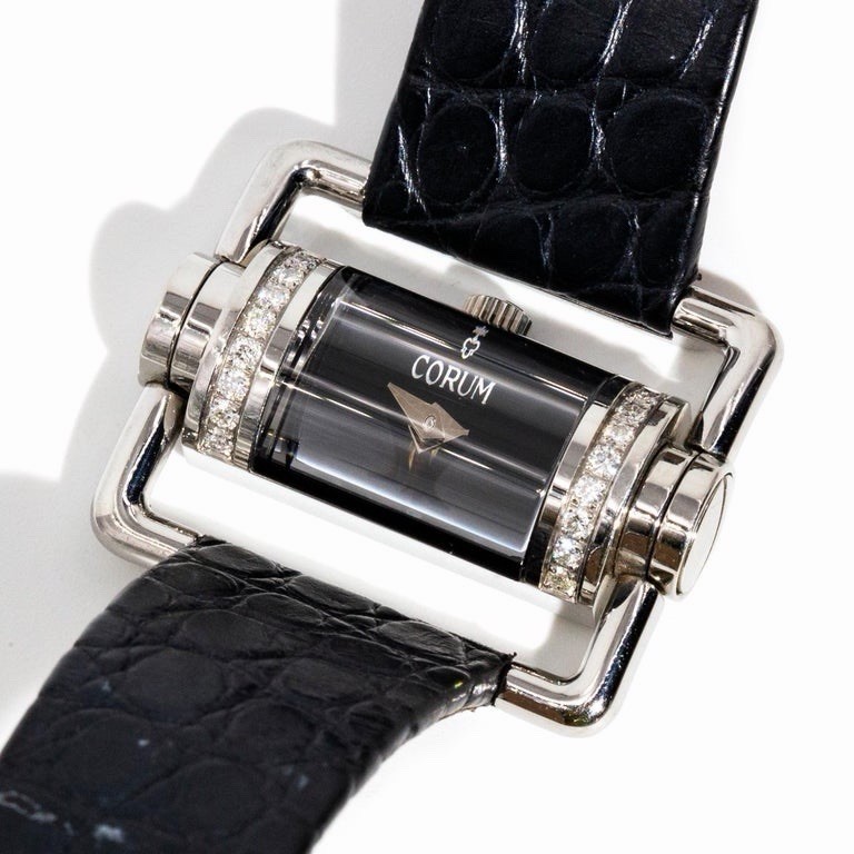 Corum Horizontal Diamond Ladies Steel Watch Black Leather Strap RRP £3950 VGC