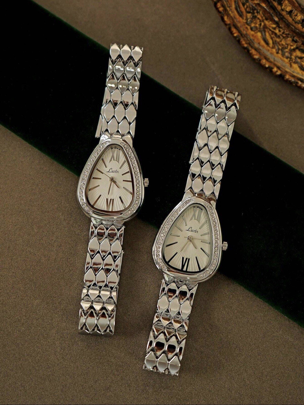 Vintage Style Silver Tone Luxury Watch with Rhinestones Unique Teardrop Design
