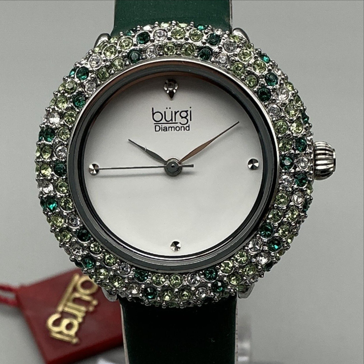Burgi BUR227GN Women Watch 32mm Silver Tone Green Leather Crystals New Battery