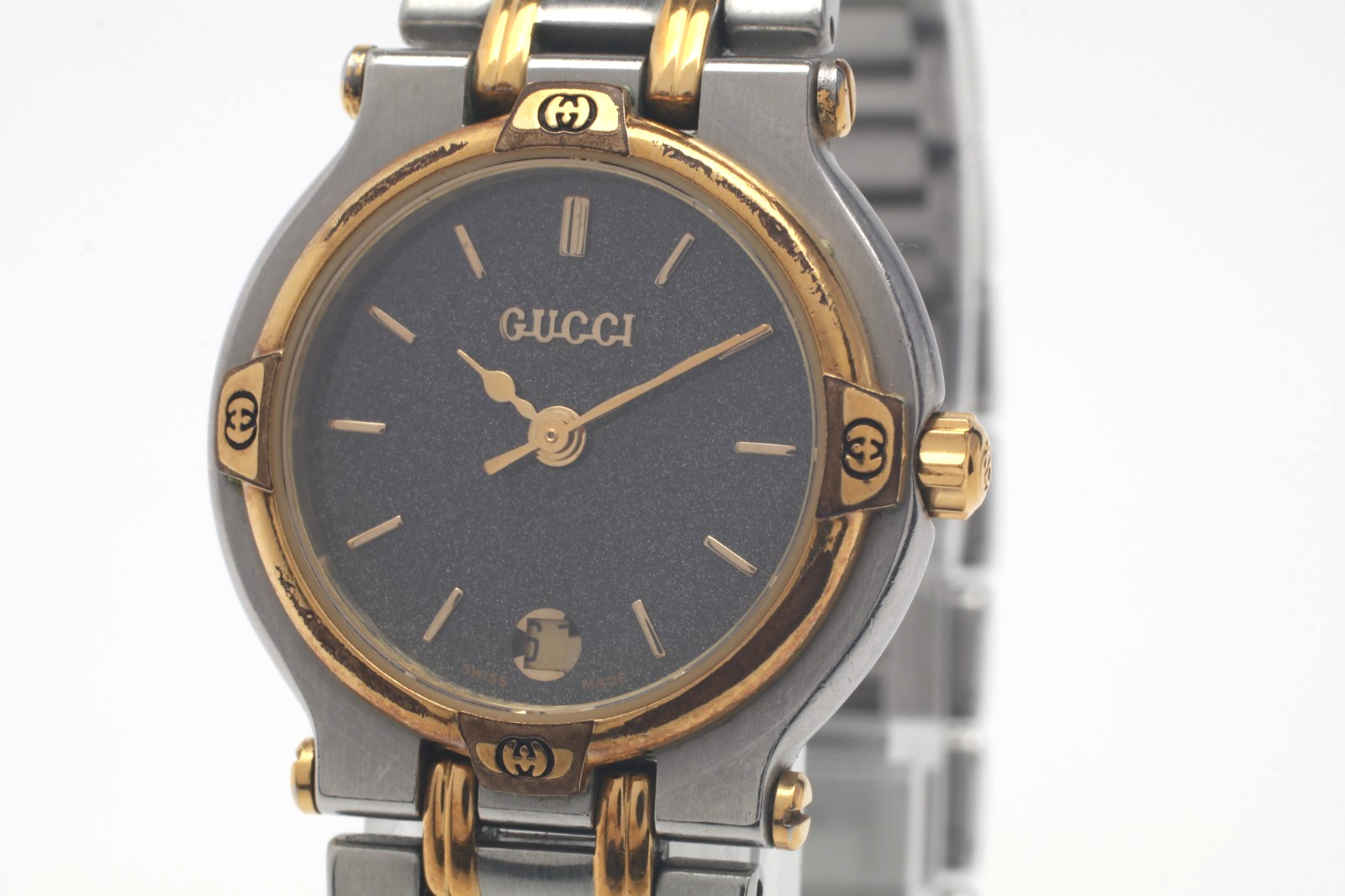 [Exc+5] GUCCI 9000L Black Dial Gold 25mm Date Quartz Women’s Watch From JAPAN