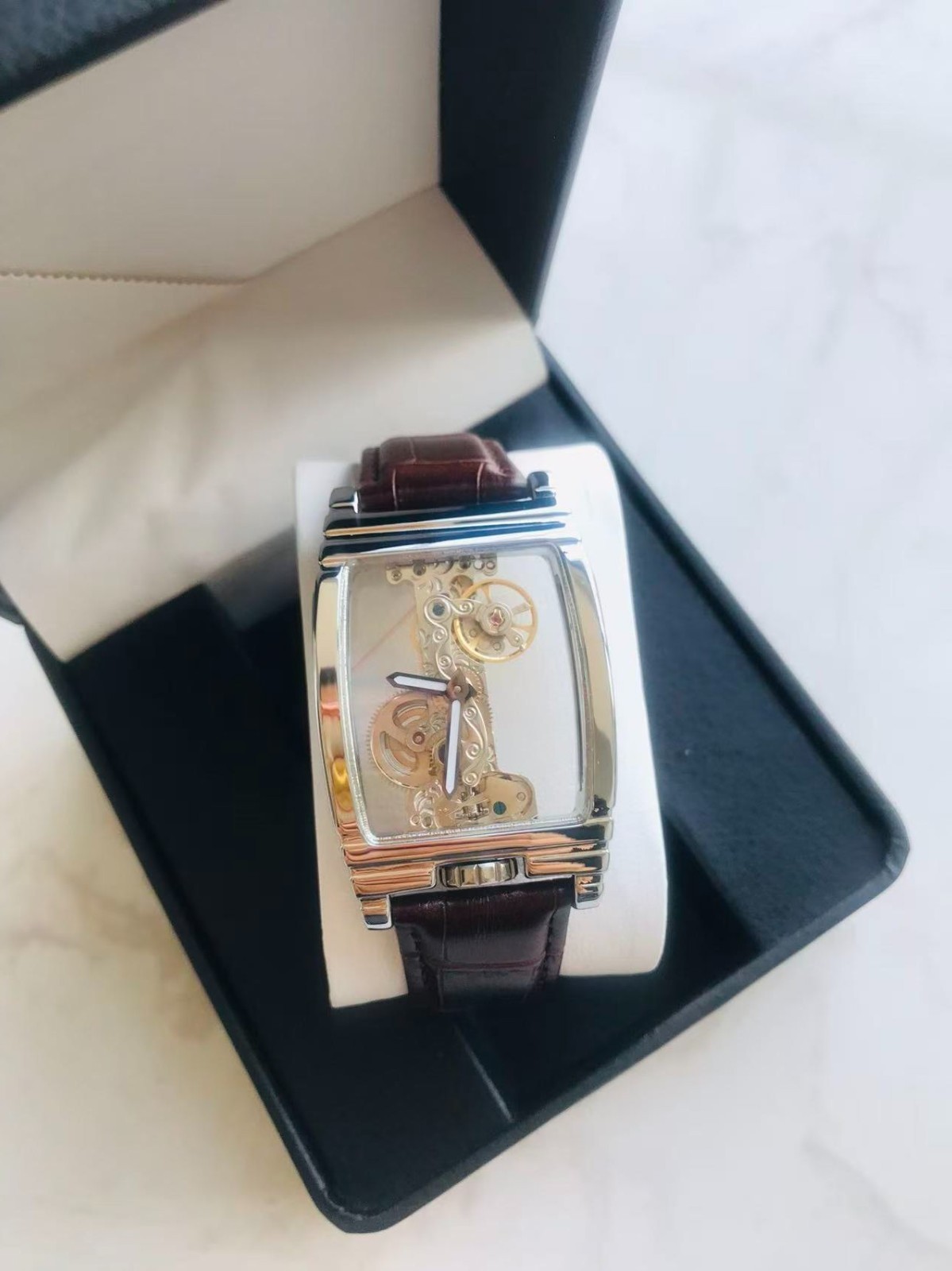 Men’s Silver Bridge Transparent Mechanical Skeleton watch Brown butterfly buckle