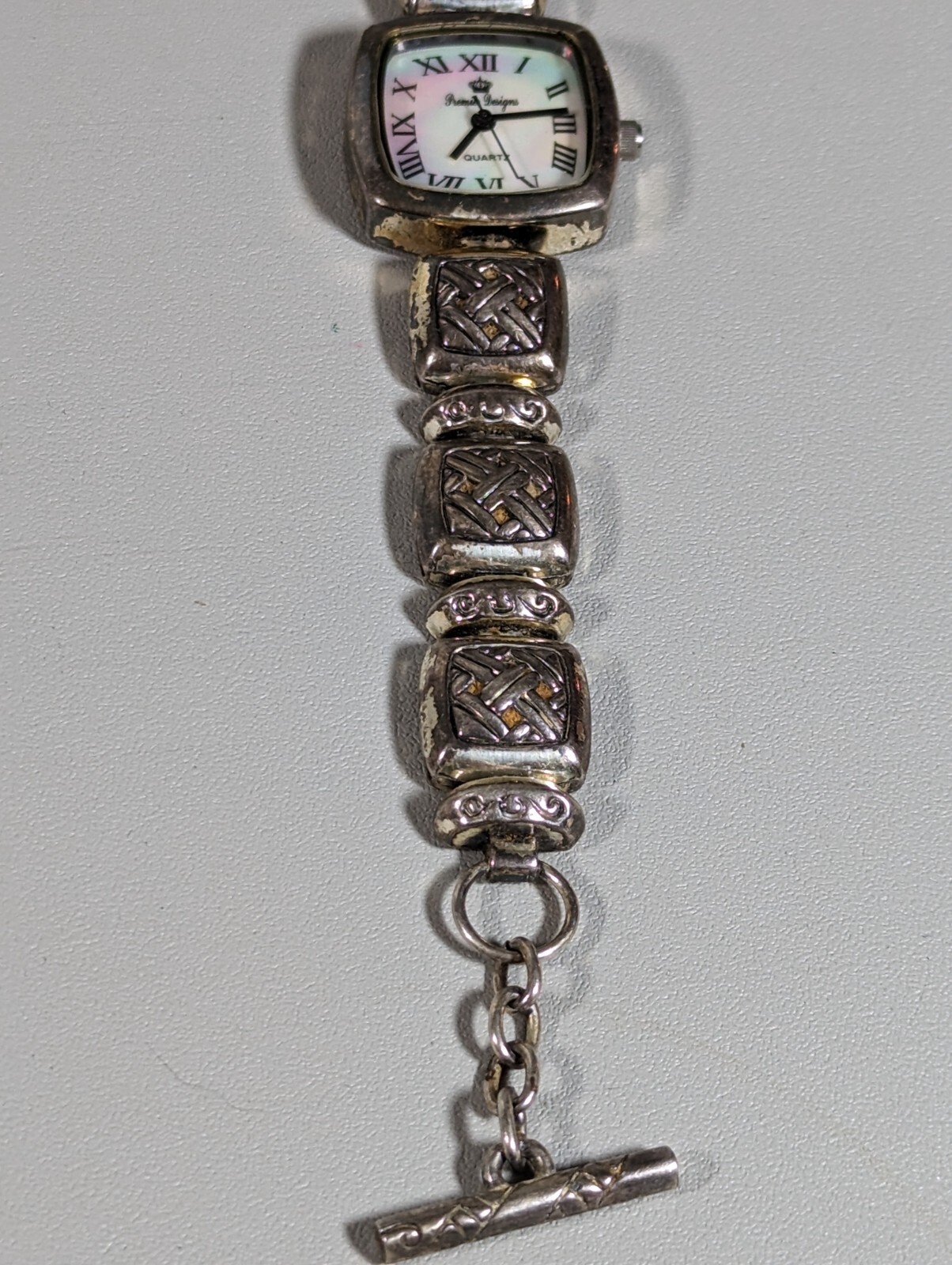Premier Designs White Pearlized Dial Square Case Link Bracelet Band Watch 7.5 In