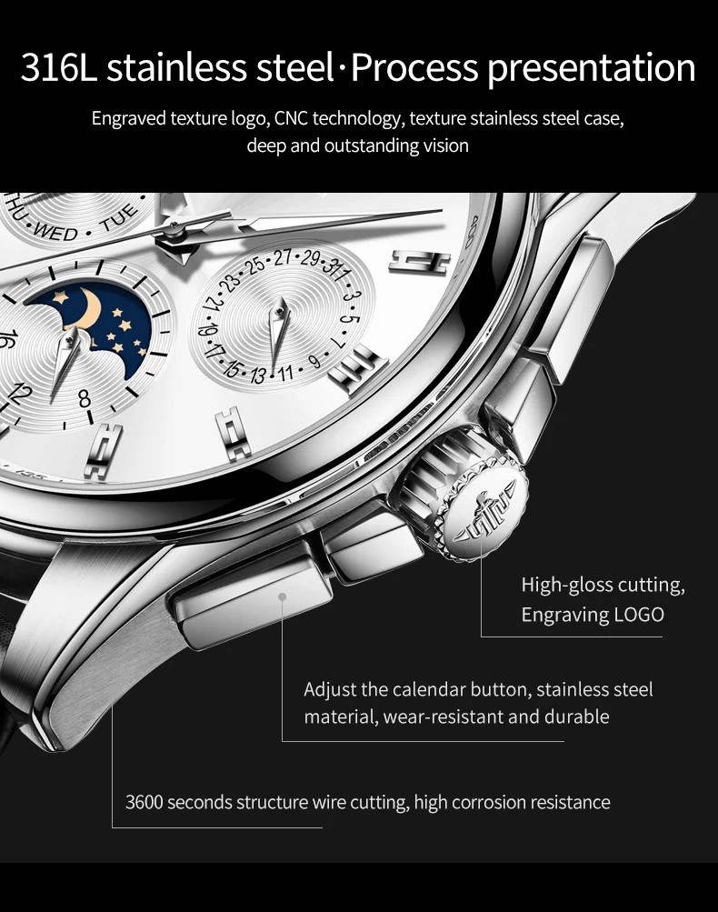 Automatic Mechanical Watch Waterproof Moon Phase Luxury Dial Men Men’s Strap