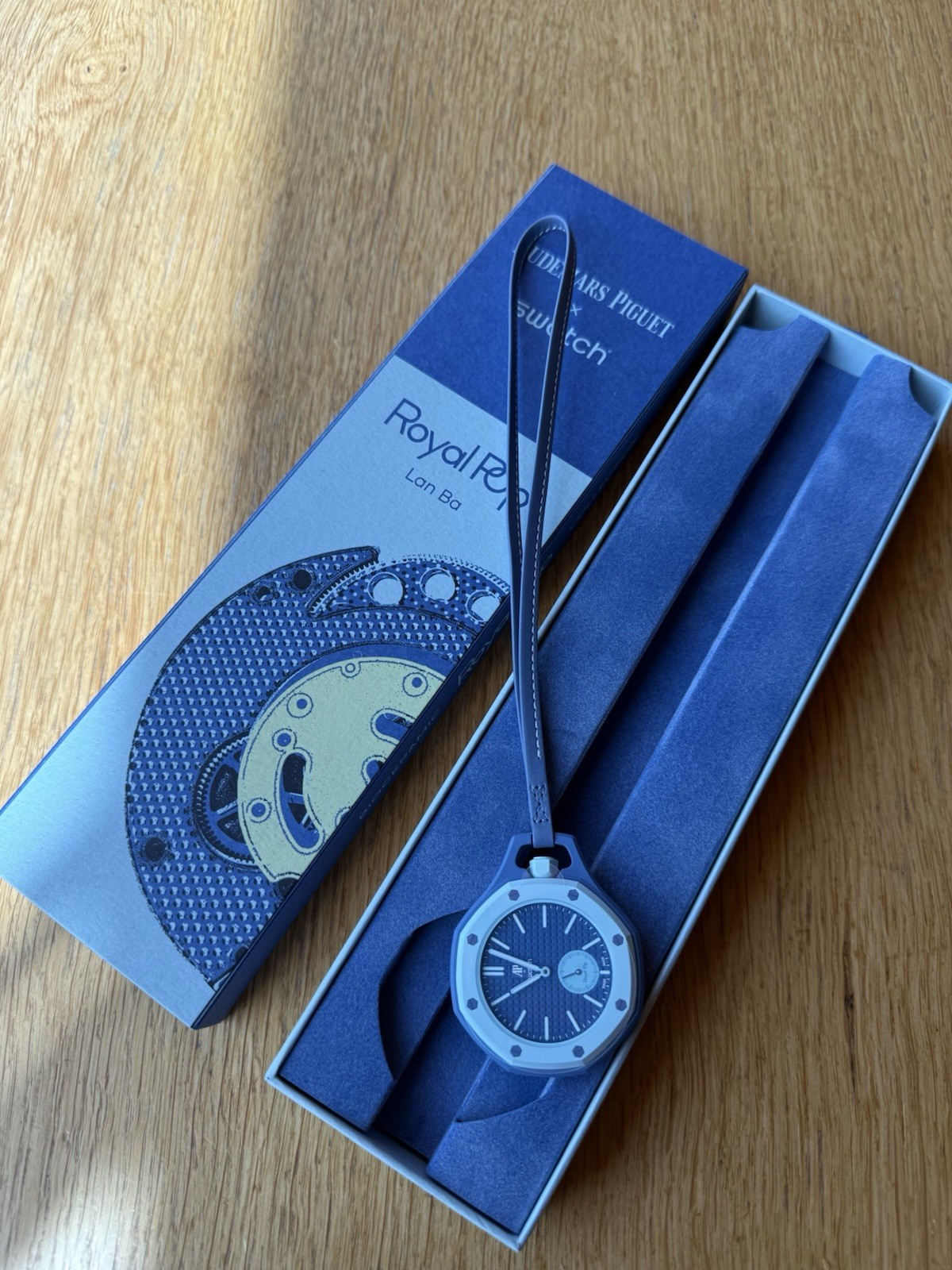 Swatch Royal Pop Lan Ba Blue Automatic 41mm Octagon Watch Leather Strap Box