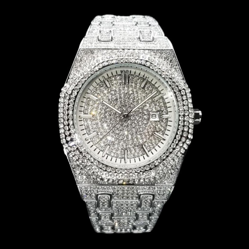 Luxury Bust Down Date VVS Iced Out Diamond Watch, Men’s Hip Hop Icy Watch