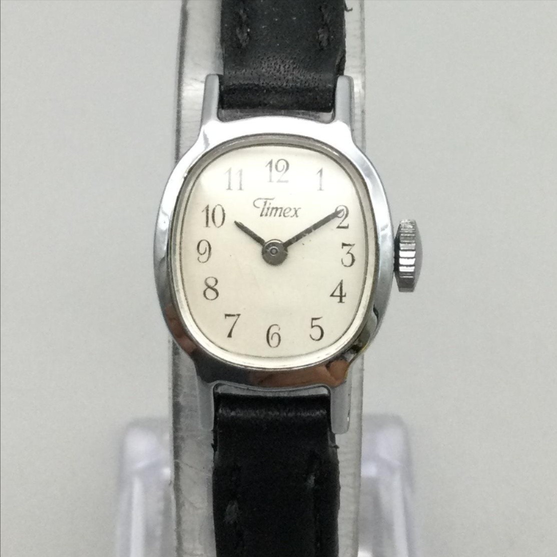 Vintage Timex Women Watch 17mm Silver Tone White Dial Black Leather Manual Wind