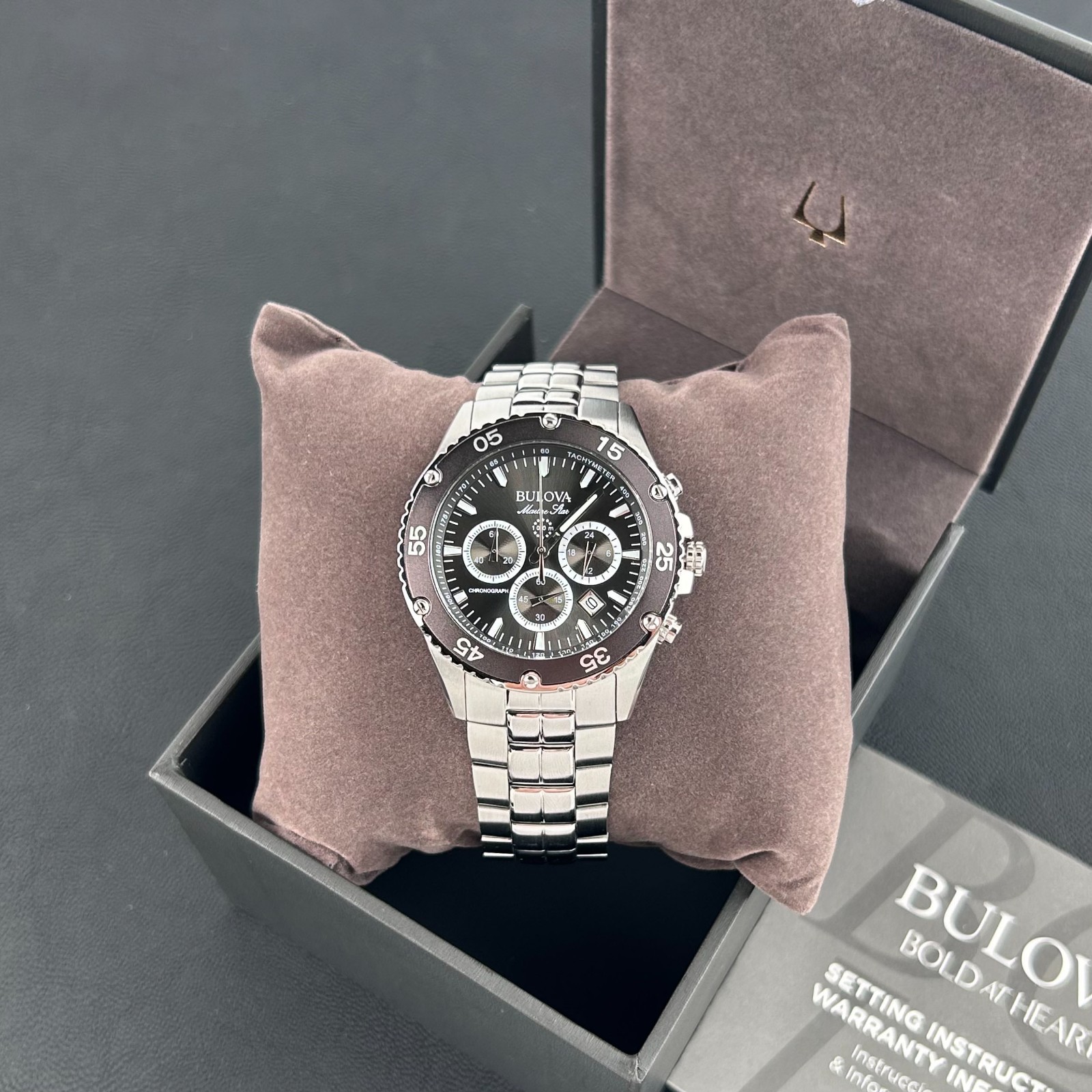 Bulova Classic Men’s Marine Star 98B401 Black Dial Chronograph Quartz Watch 41.5