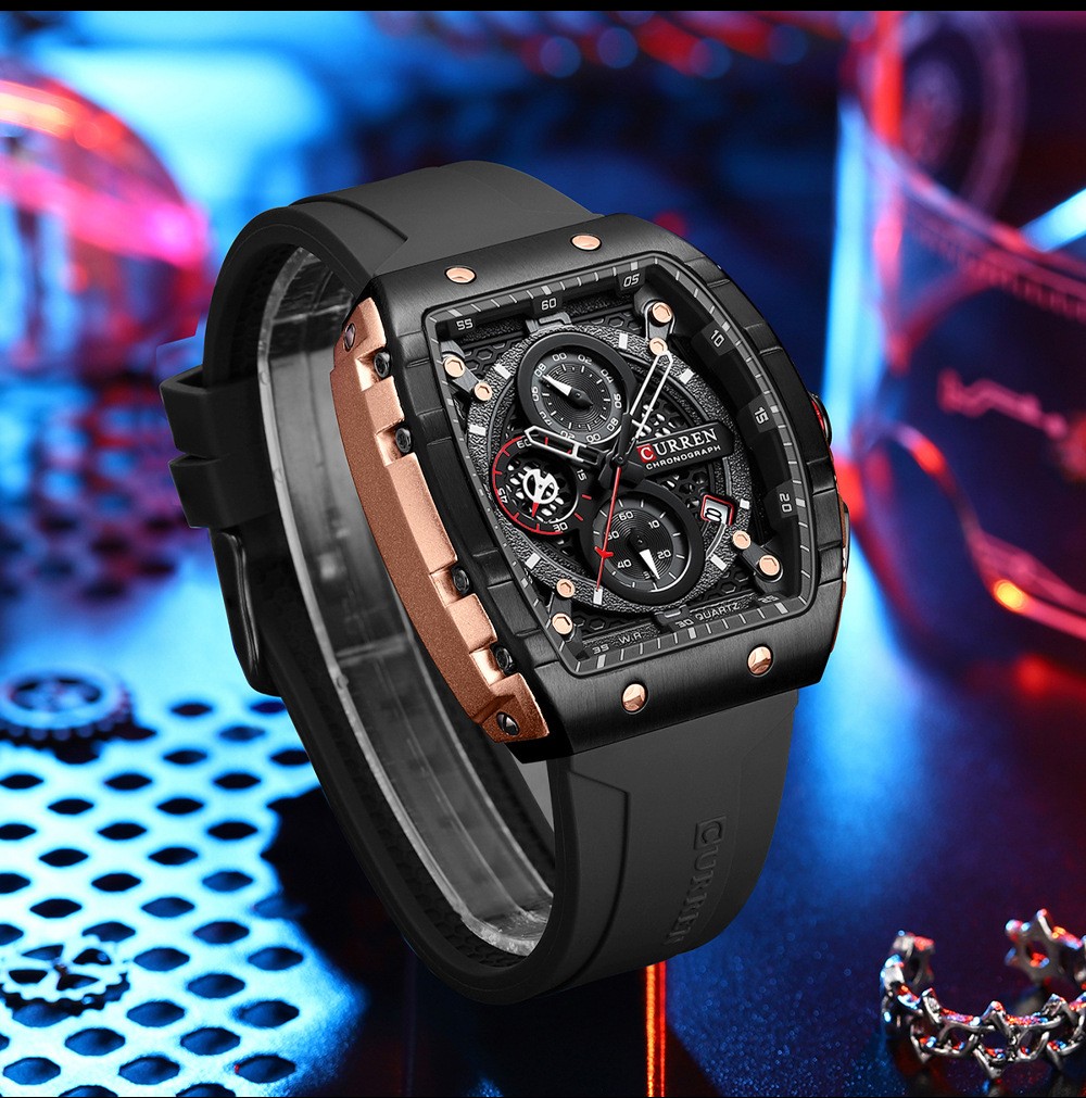 CURREN Men Sport Watch Rectangular Large Dial Hollow Skeleton Leather Waterproof