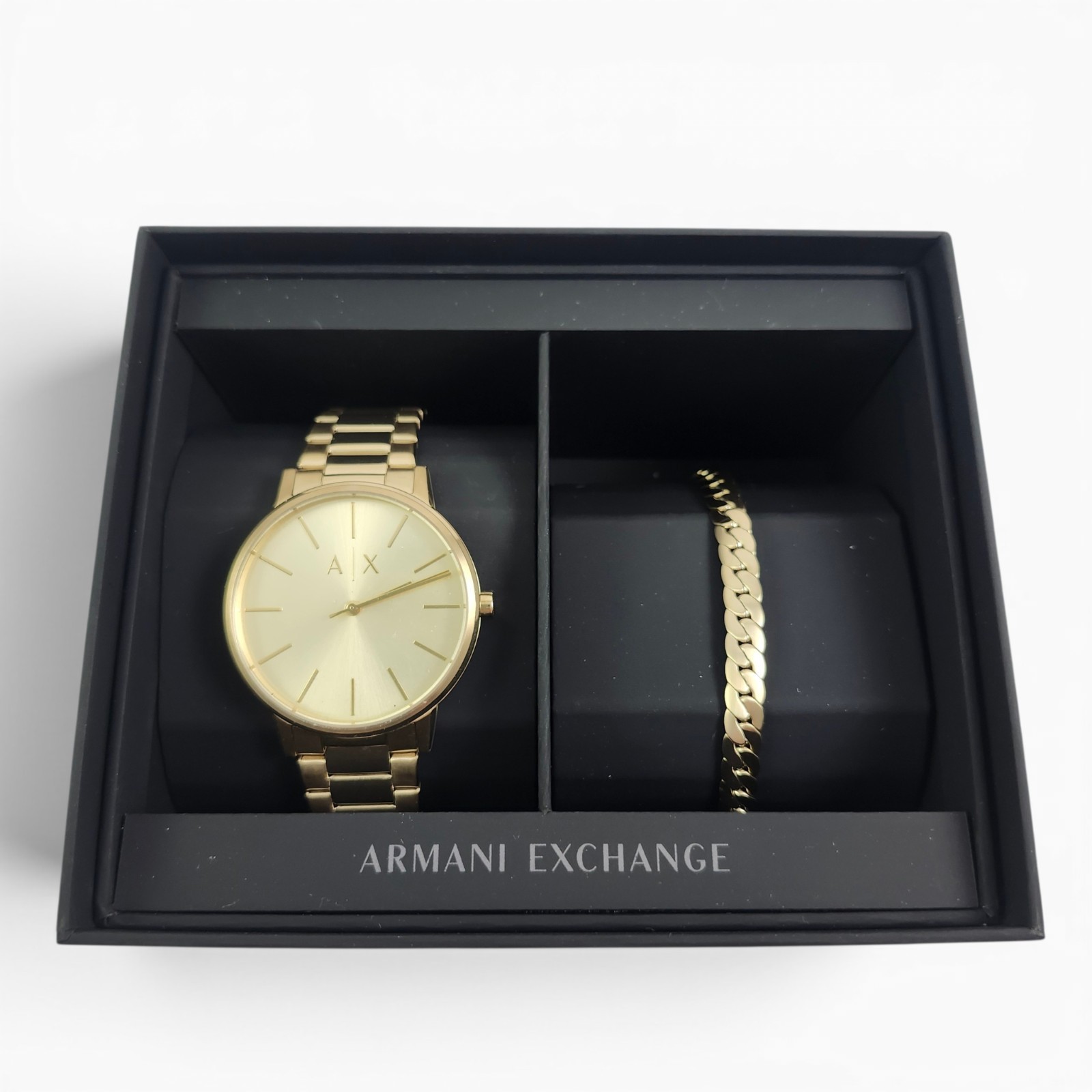 NEW Armani Exchange Gold Mens Cayde Watch & Bracelet Boxed Gift Set AX7144 NWOT