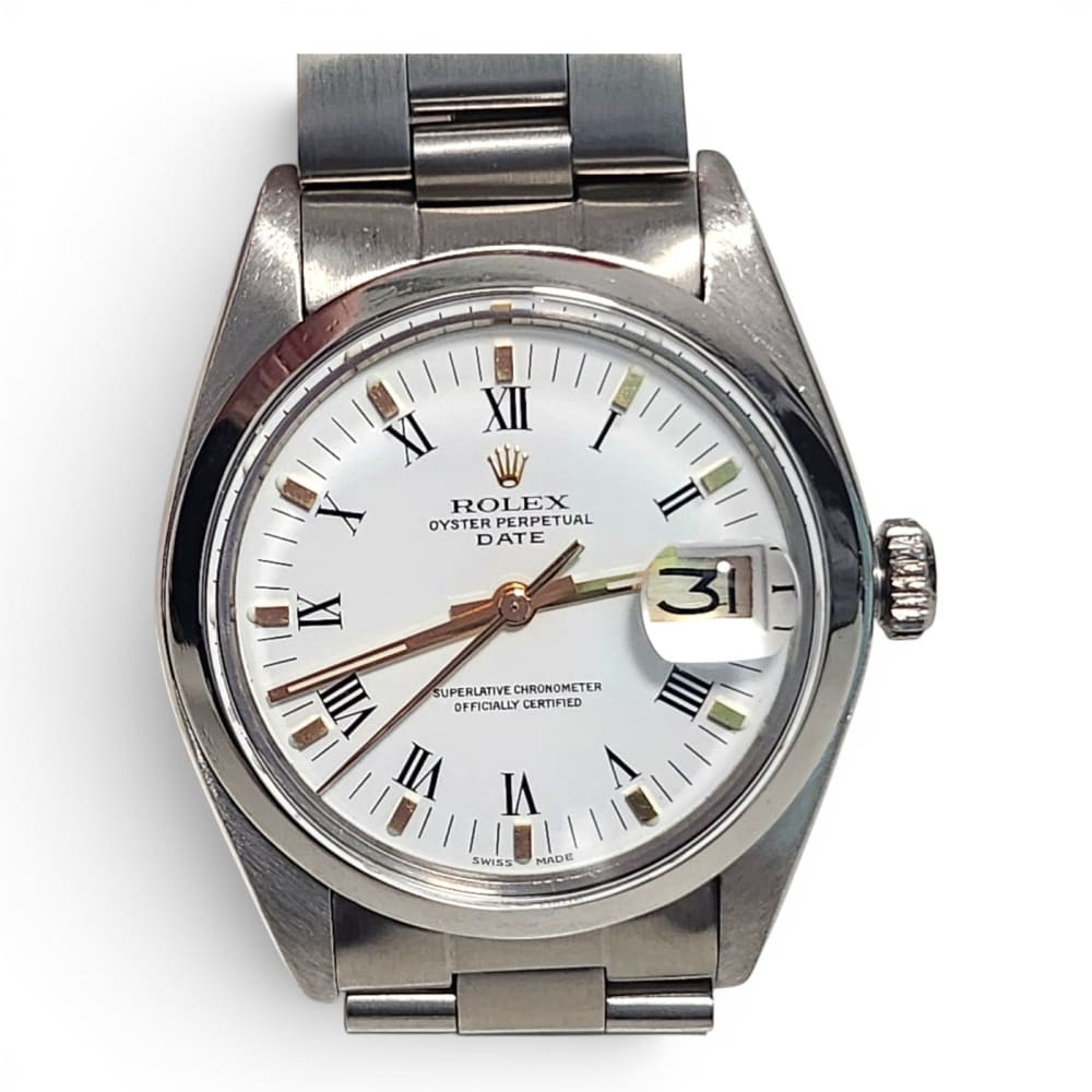 Rolex Date 34 mm Steel White Roman Oyster Automatic Watch 1500 Circa 1976