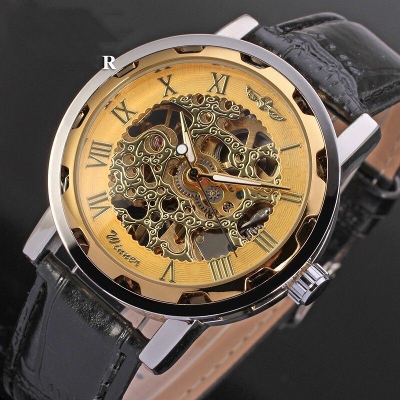 Men Classic Transparent Steampunk Skeleton Mechanical Stainless Steel Watch NEW