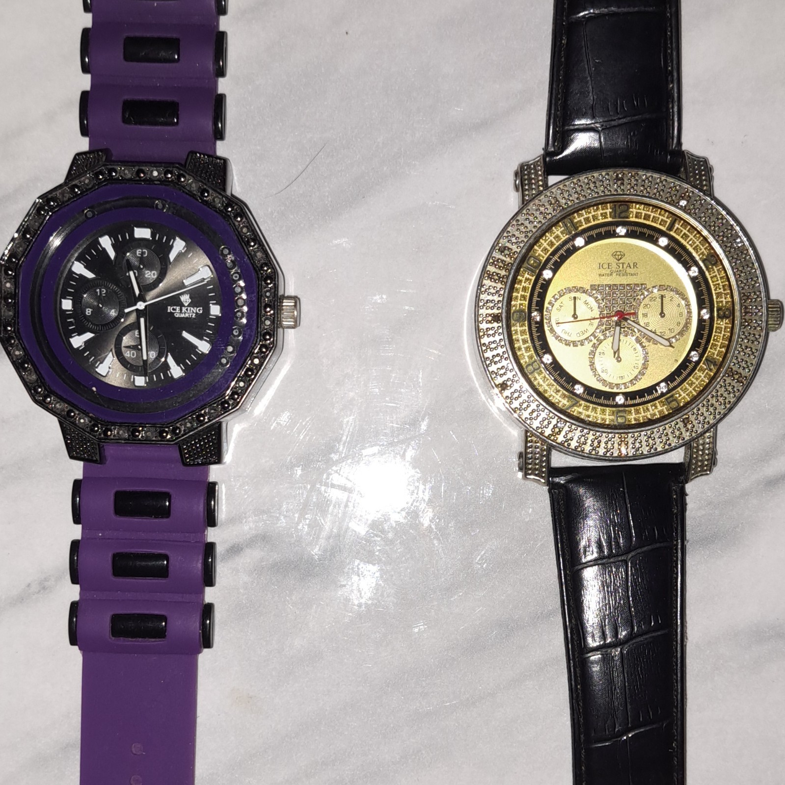 ICE STAR Quartz Analog Water Resistant Watch Lot Purple Rubber & Black Leather
