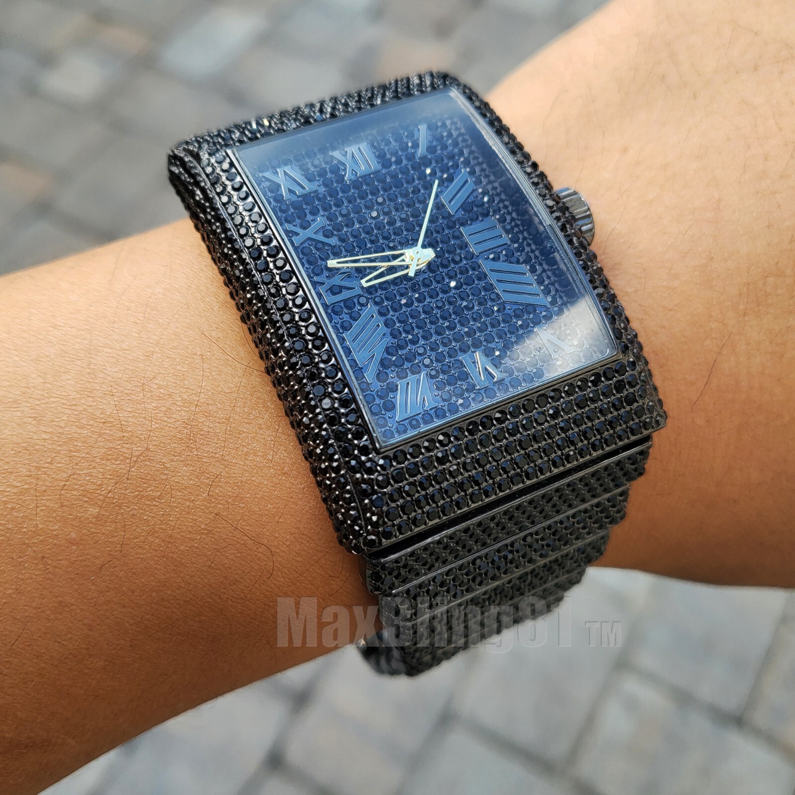 Men Full Iced Band Luxury Bling Black Simulated Diamond Bracelet Hip Hop Watch
