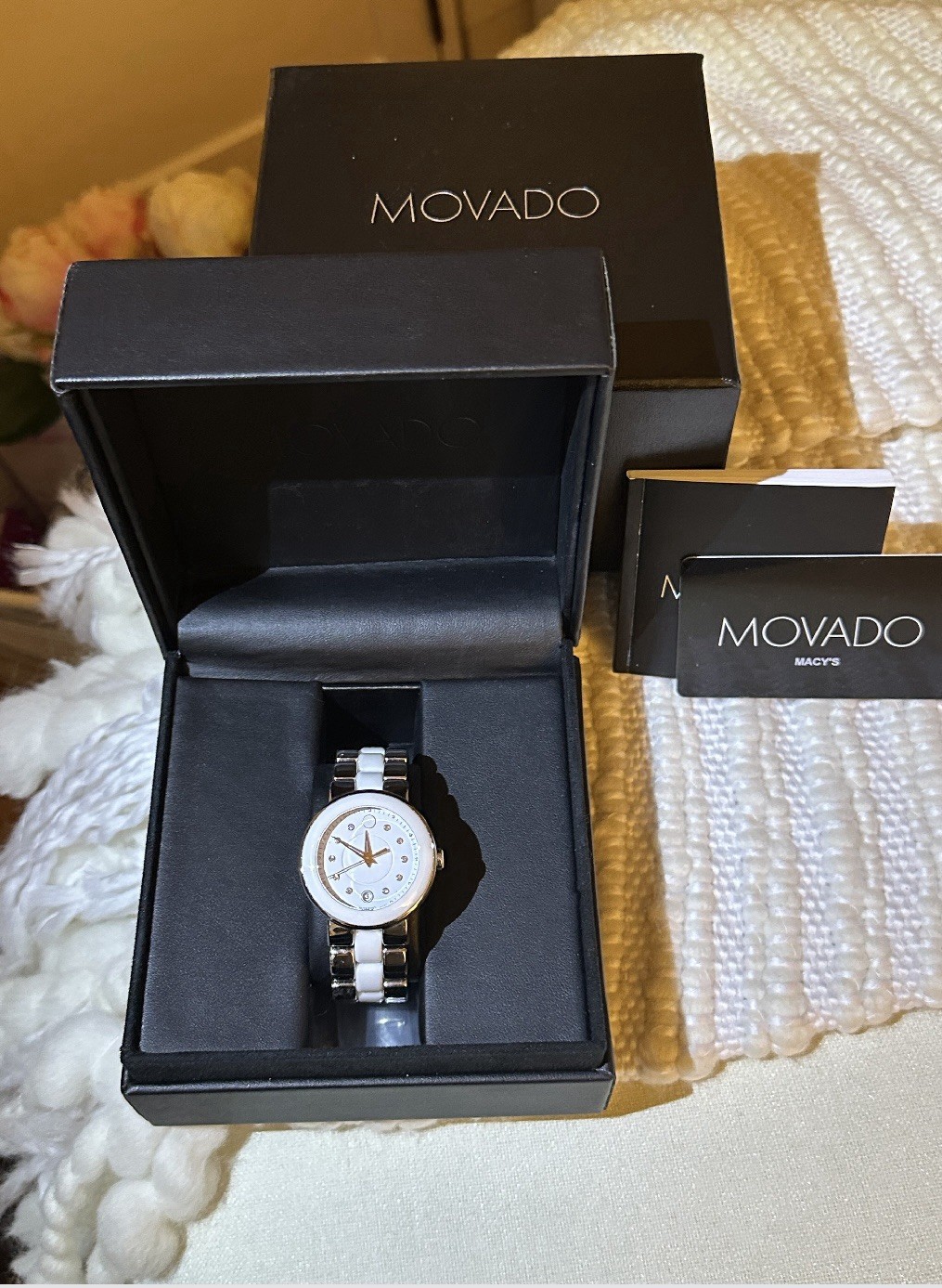 Movado Women’s Wristwatch Diamond Markers White Dial Bracelet Box Booklet