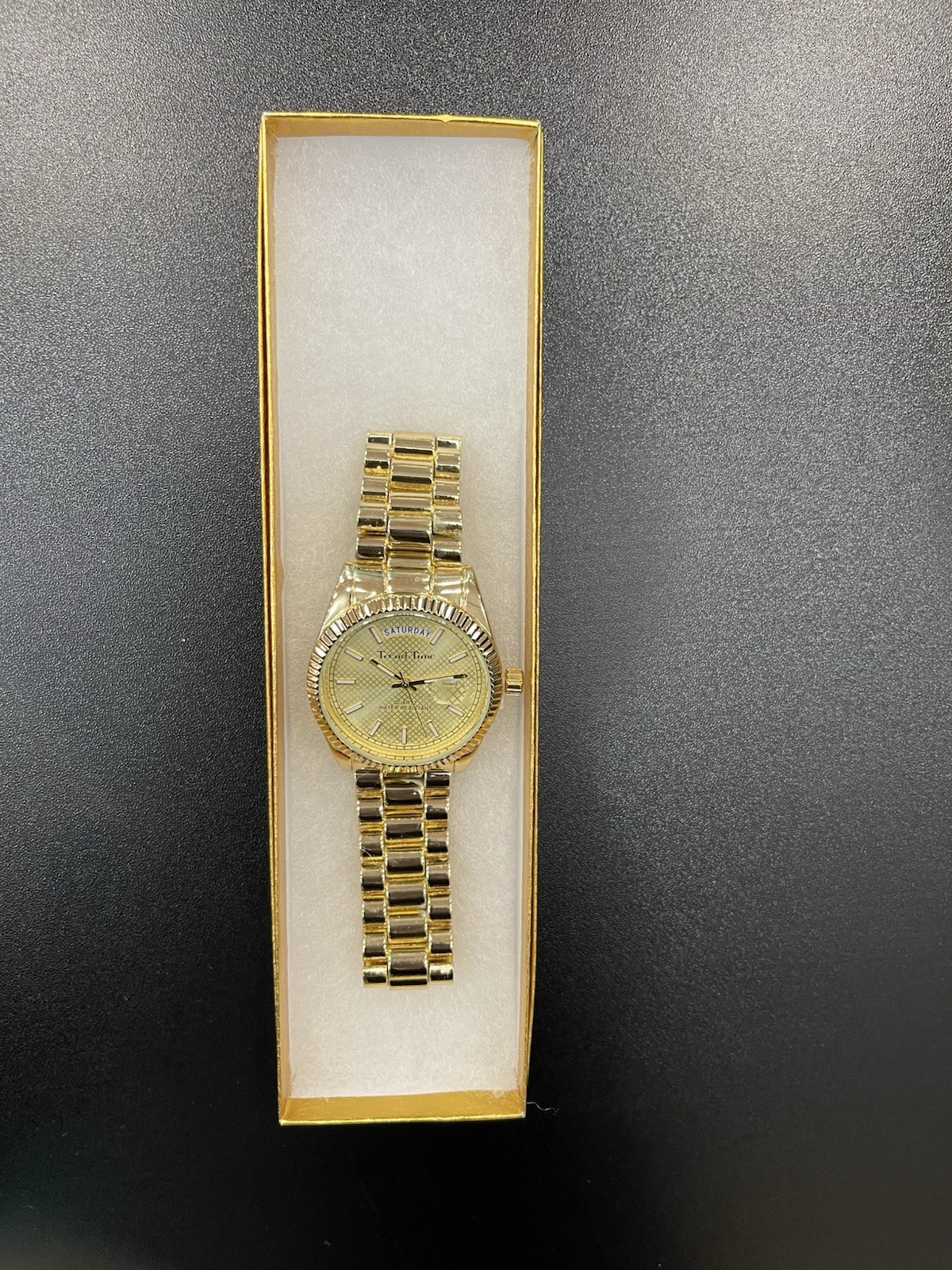Trend Time Gold Tone Watch Day Date Quartz Classic Luxury Mens Wristwatch
